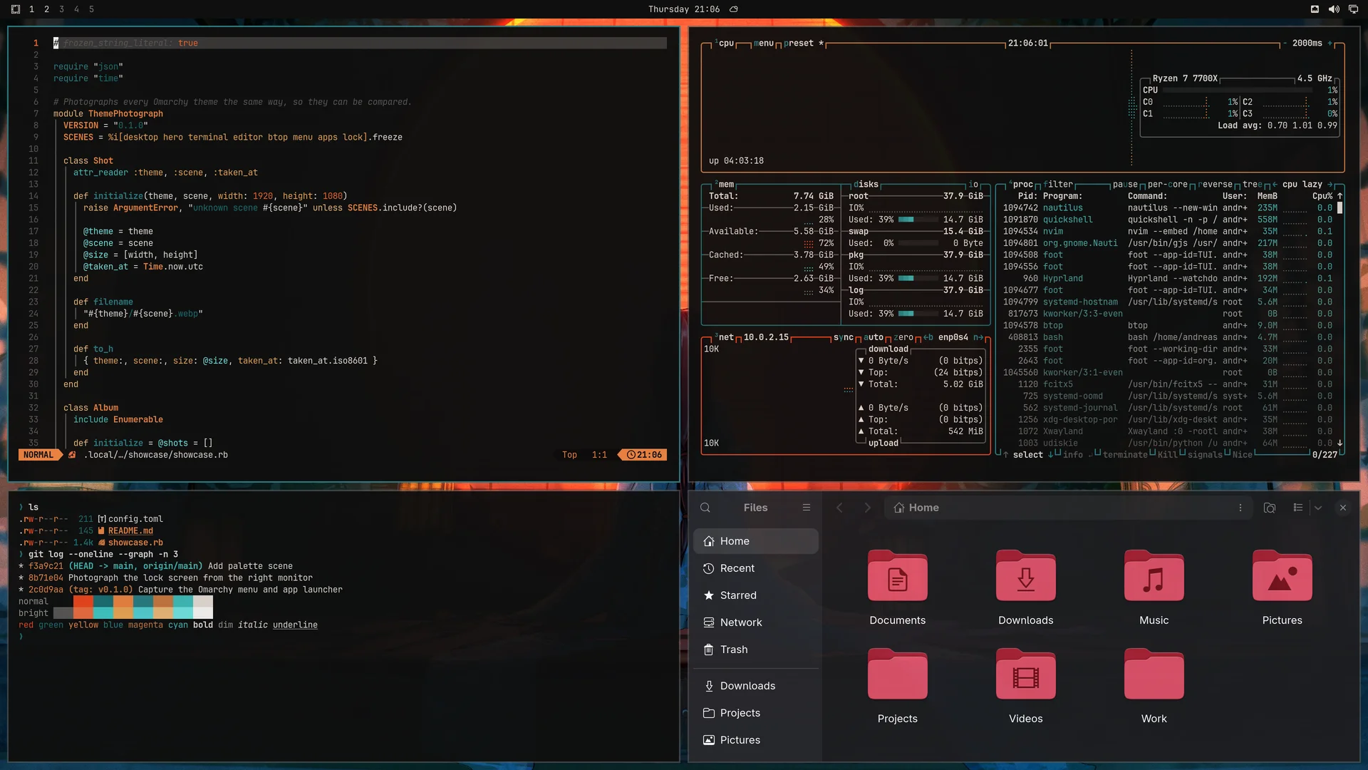 Firesky: Neovim, terminal, btop and Files