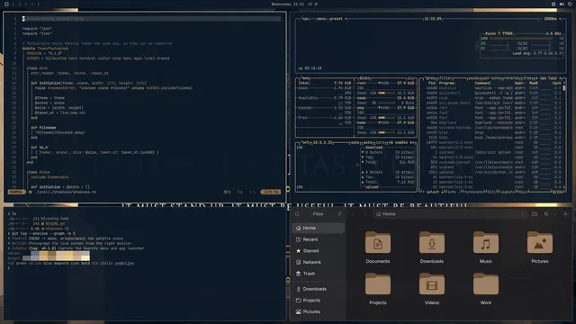 Neovim, terminal, btop and Files