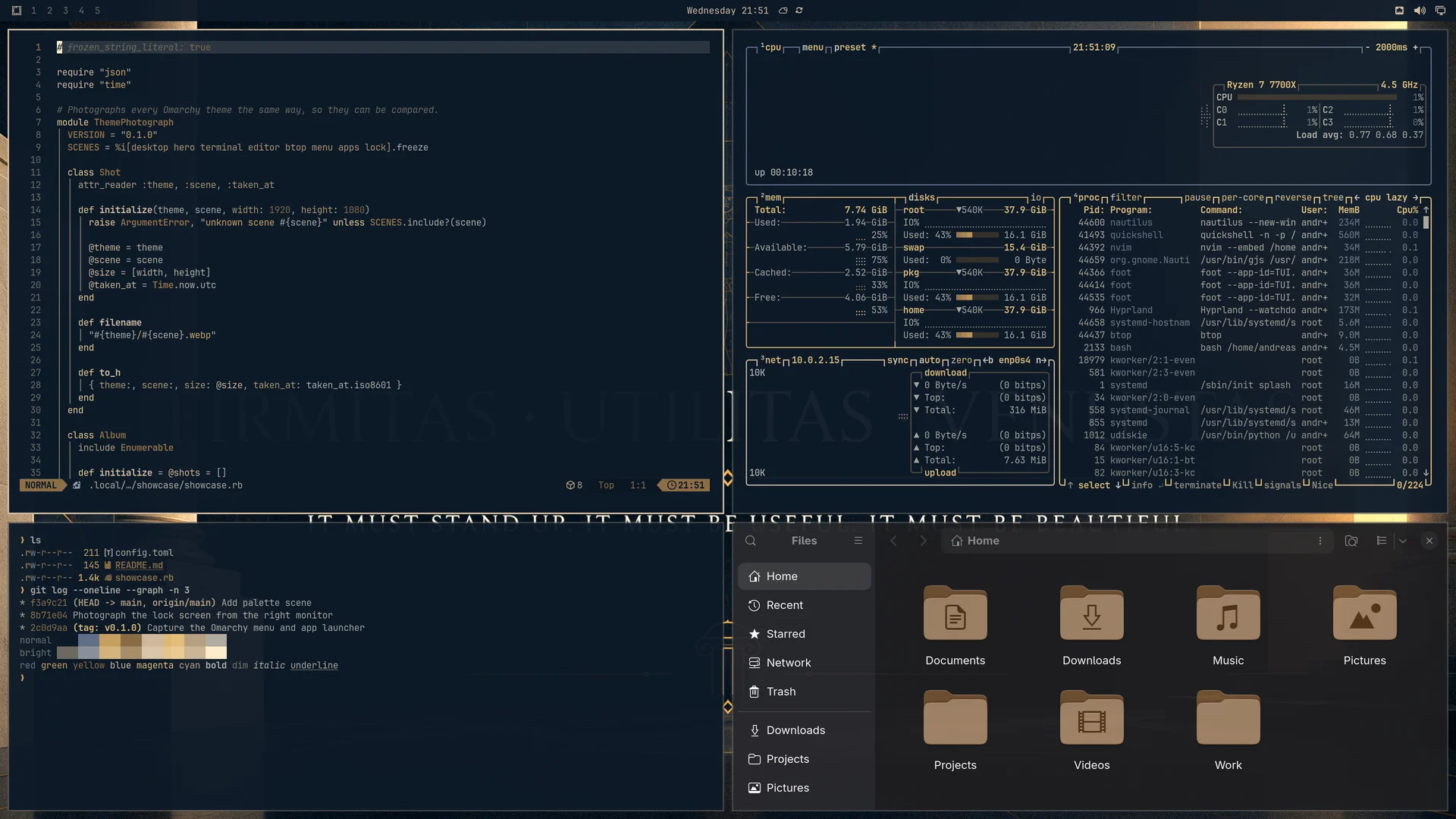 Firmitas Utilitas Venustas: Neovim, terminal, btop and Files