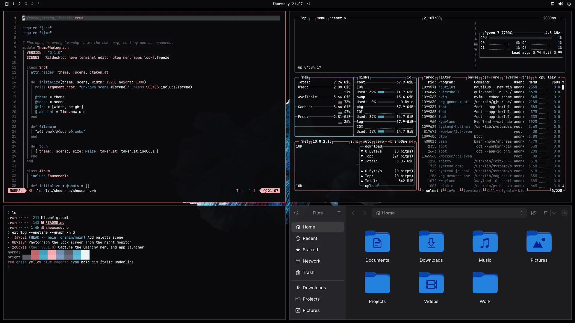 Fish Material: Neovim, terminal, btop and Files