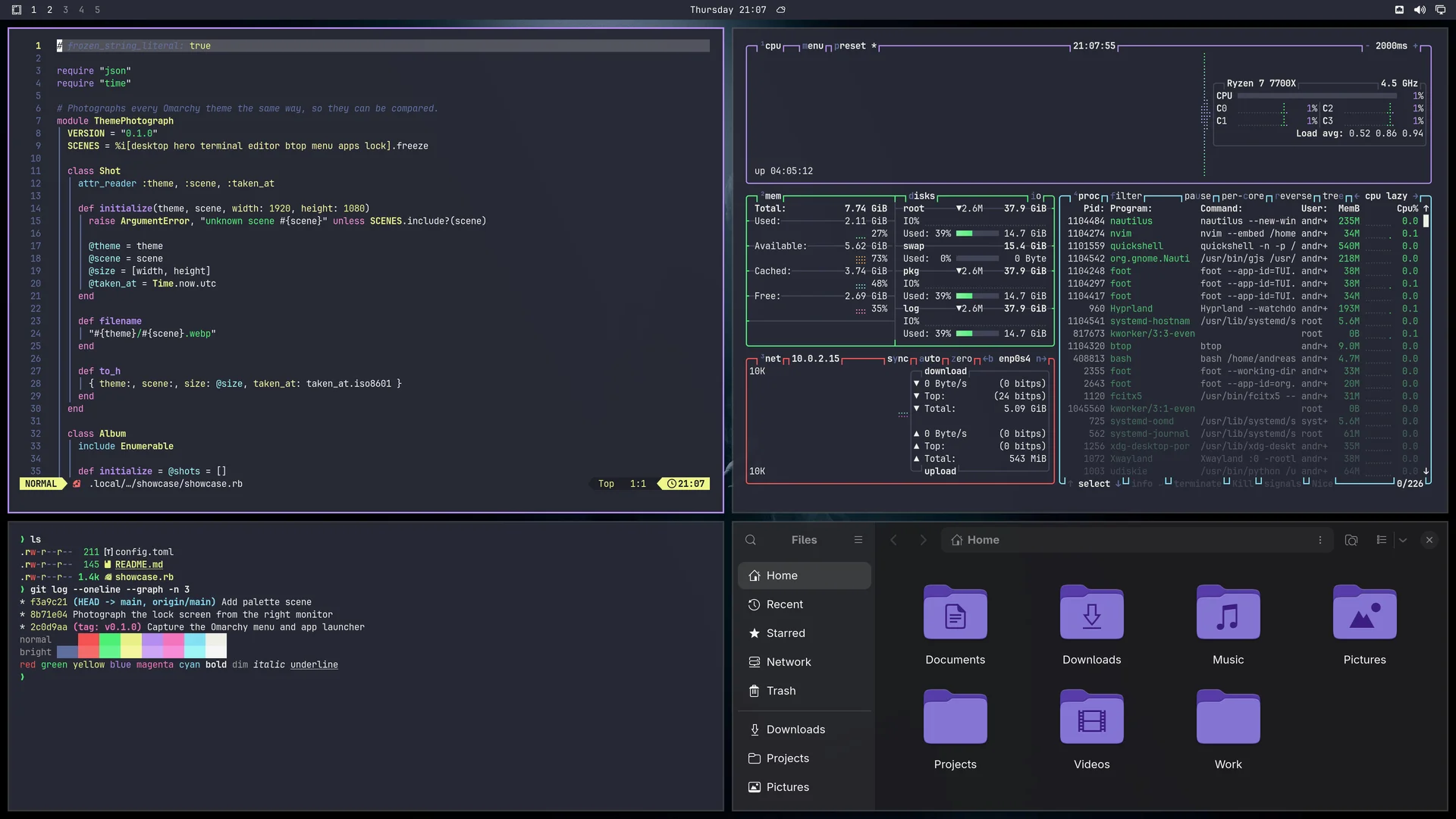 Flat Dracula: Neovim, terminal, btop and Files