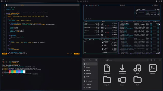Fluid Glass: Neovim, terminal, btop and Files