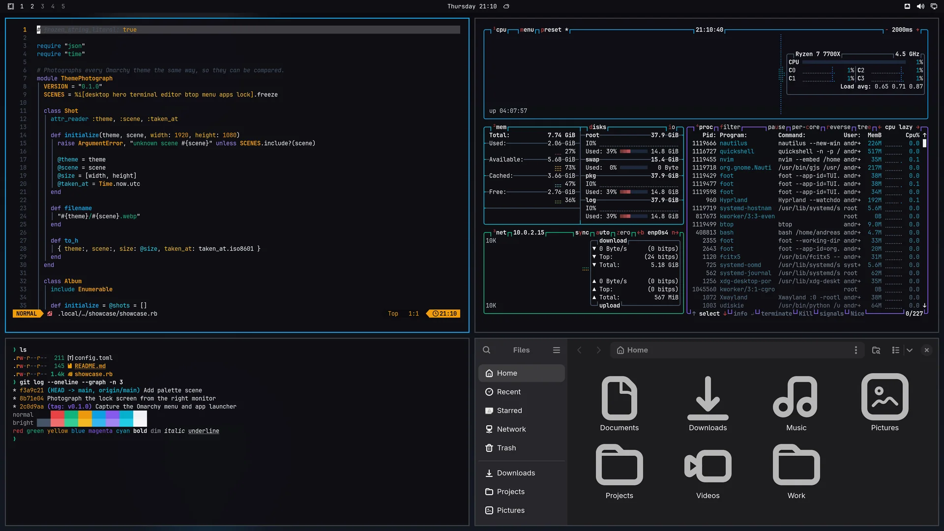 Fluid Glass: Neovim, terminal, btop and Files