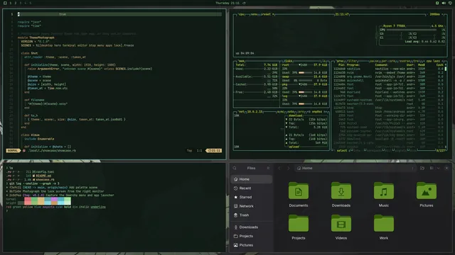 Forest Green: Neovim, terminal, btop and Files