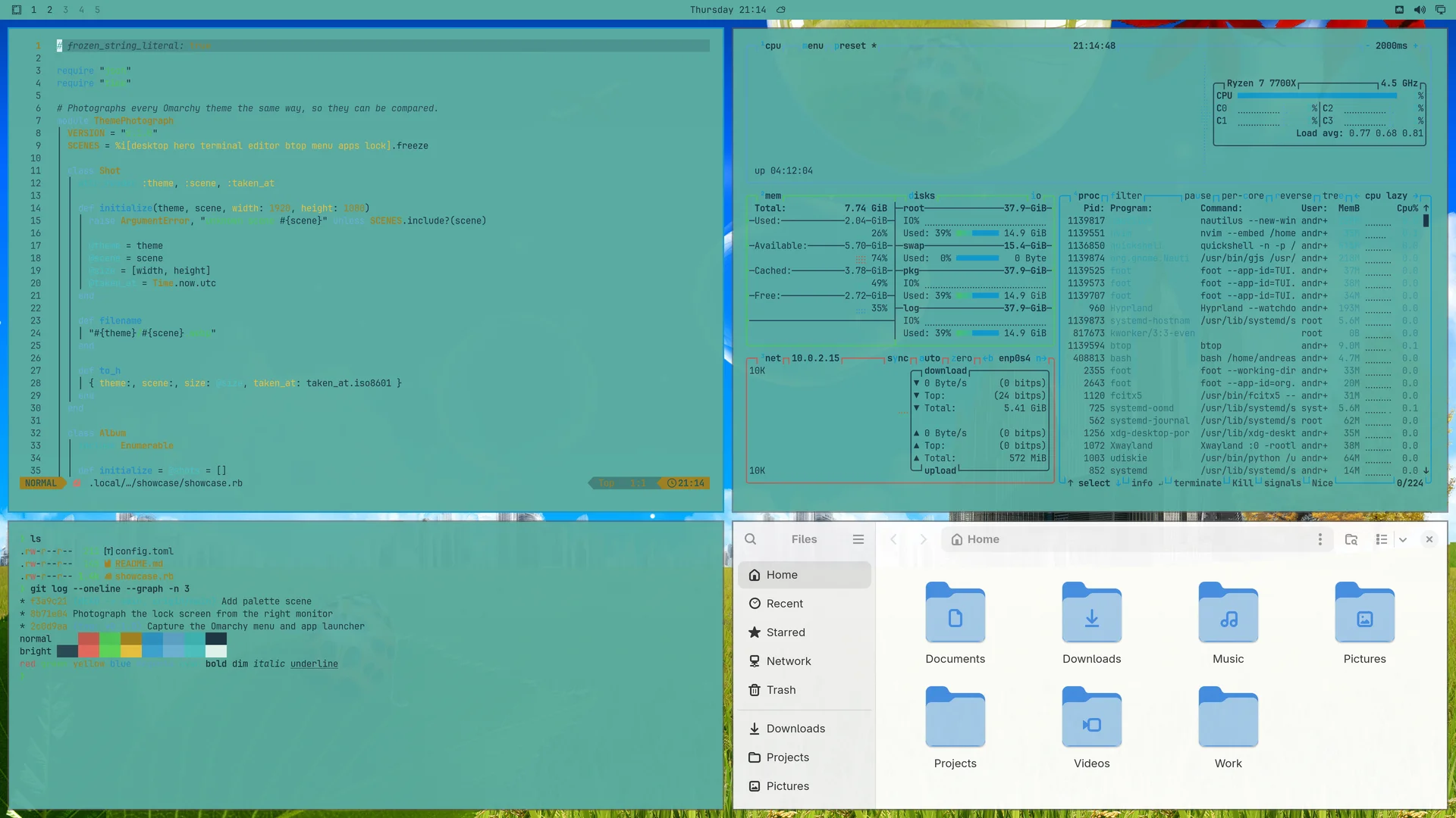Frutiger Aero: Neovim, terminal, btop and Files