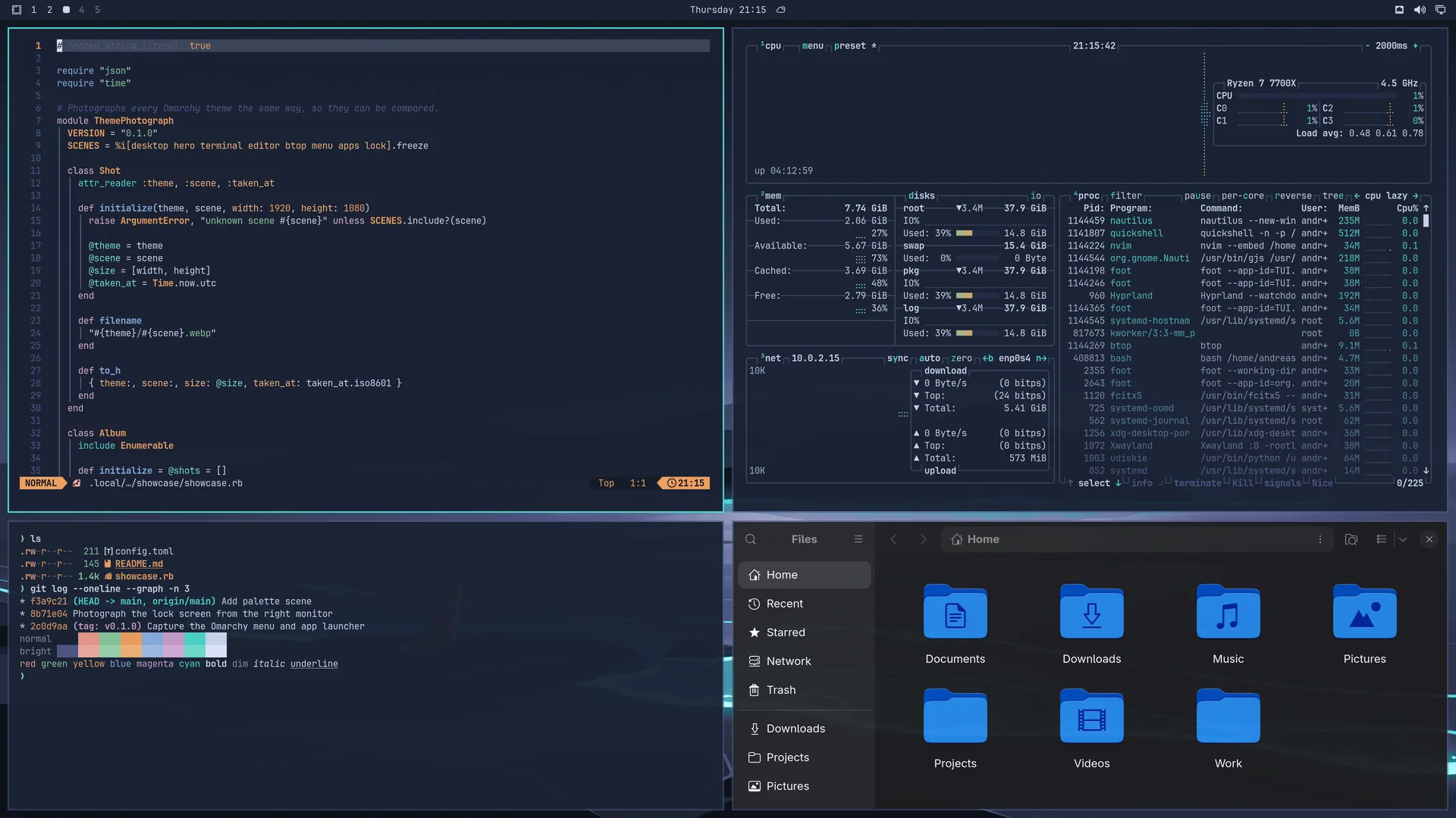 fuchsblau: Neovim, terminal, btop and Files