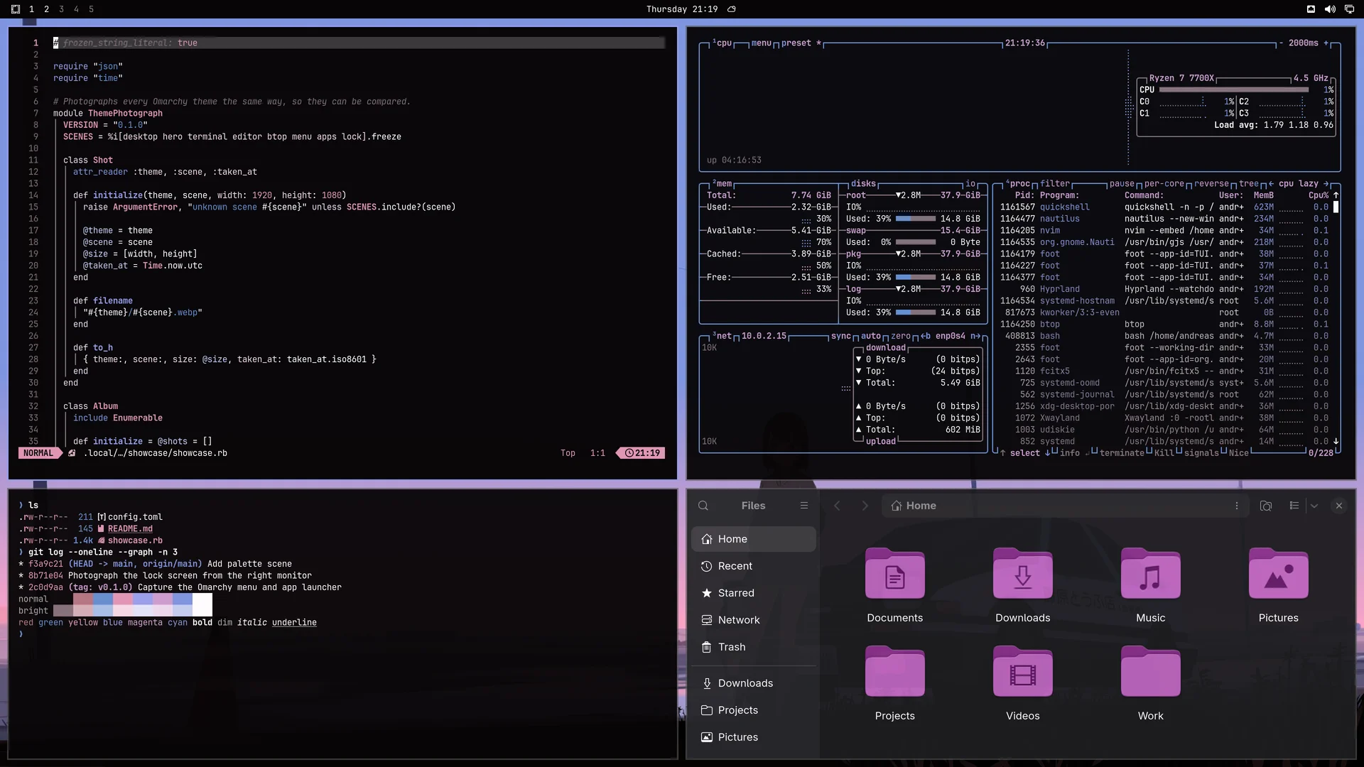 Ghost Pastel: Neovim, terminal, btop and Files