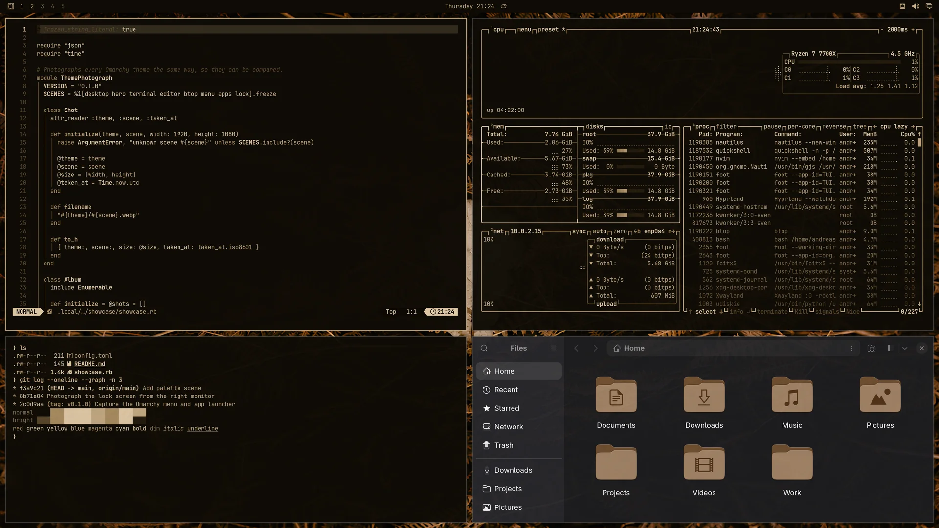 Golden Brown: Neovim, terminal, btop and Files