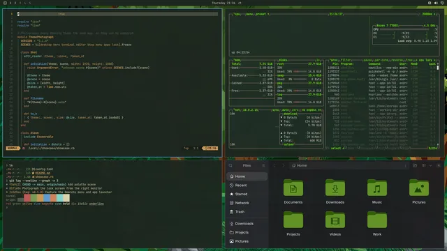 Green Garden: Neovim, terminal, btop and Files