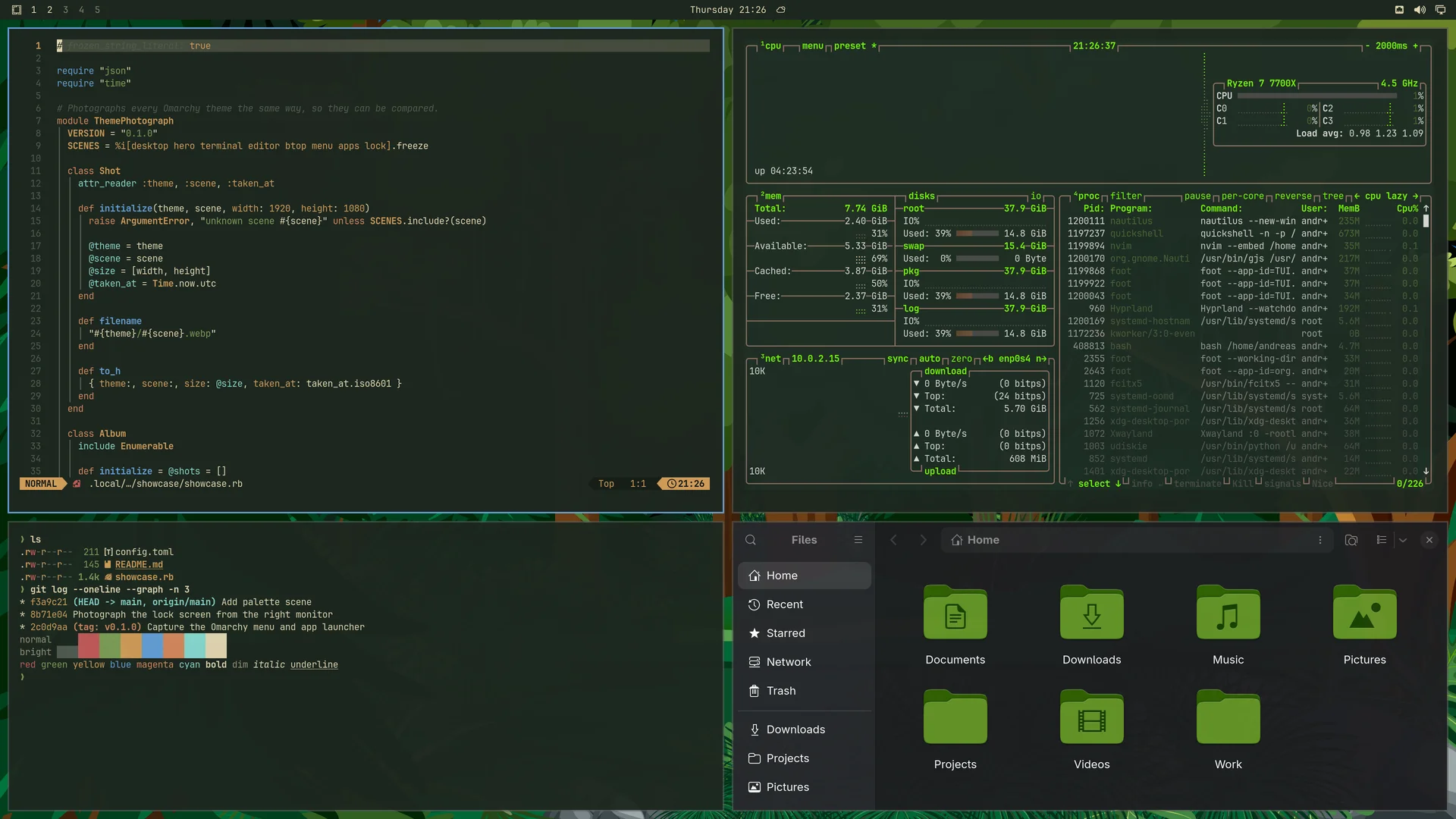 Green Garden: Neovim, terminal, btop and Files