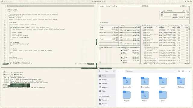 Green Mosaic: Neovim, terminal, btop and Files