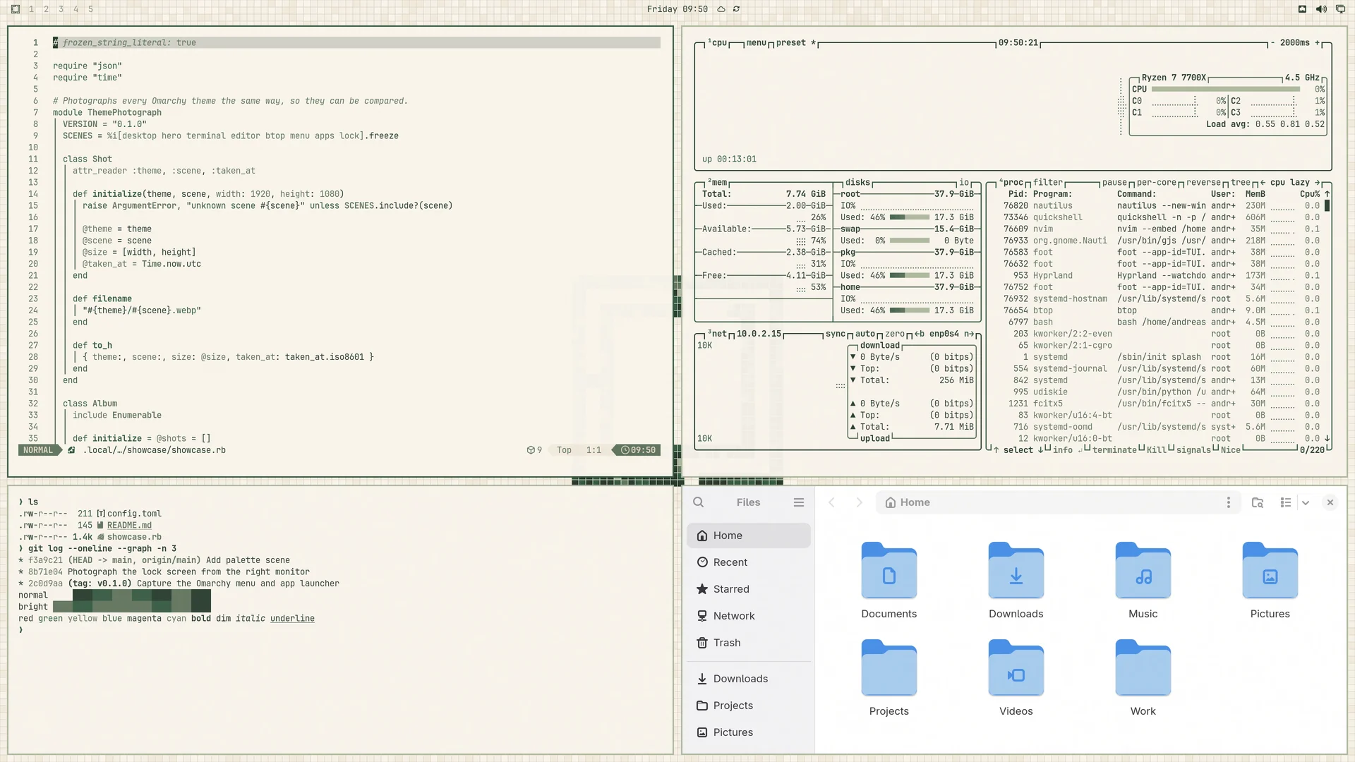 Green Mosaic: Neovim, terminal, btop and Files