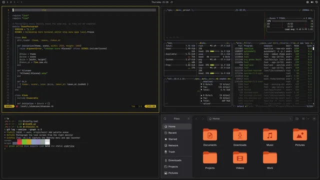 Gruberdark Tsoding: Neovim, terminal, btop and Files