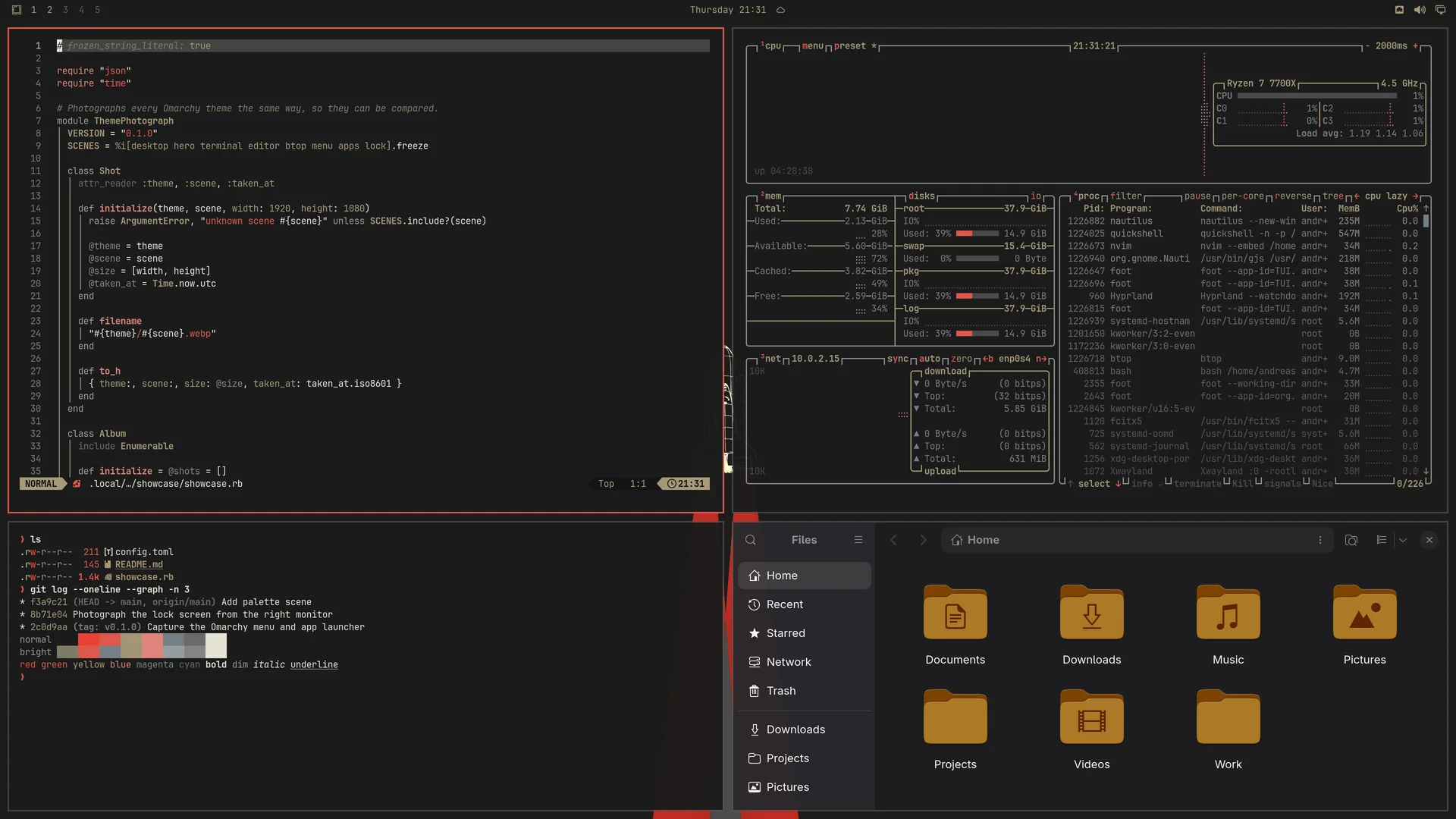 Harbor Dark: Neovim, terminal, btop and Files
