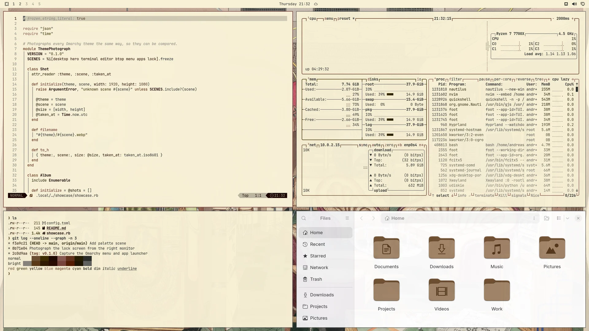 Heritage Palette: Neovim, terminal, btop and Files
