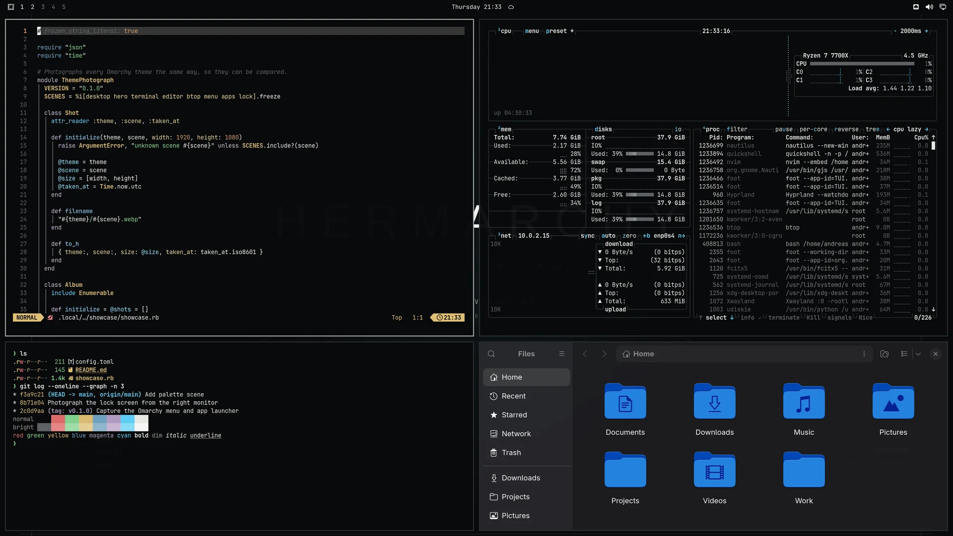 Hermarchy: Neovim, terminal, btop and Files