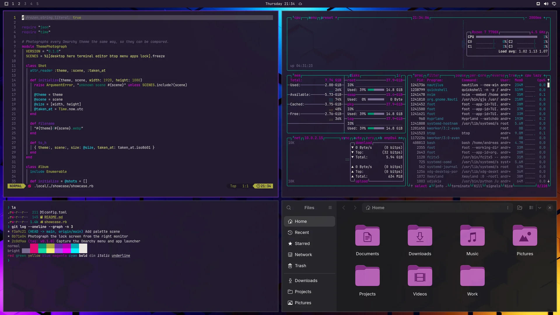 Hex: Neovim, terminal, btop and Files