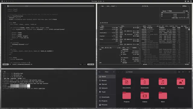 Hinterlands: Neovim, terminal, btop and Files