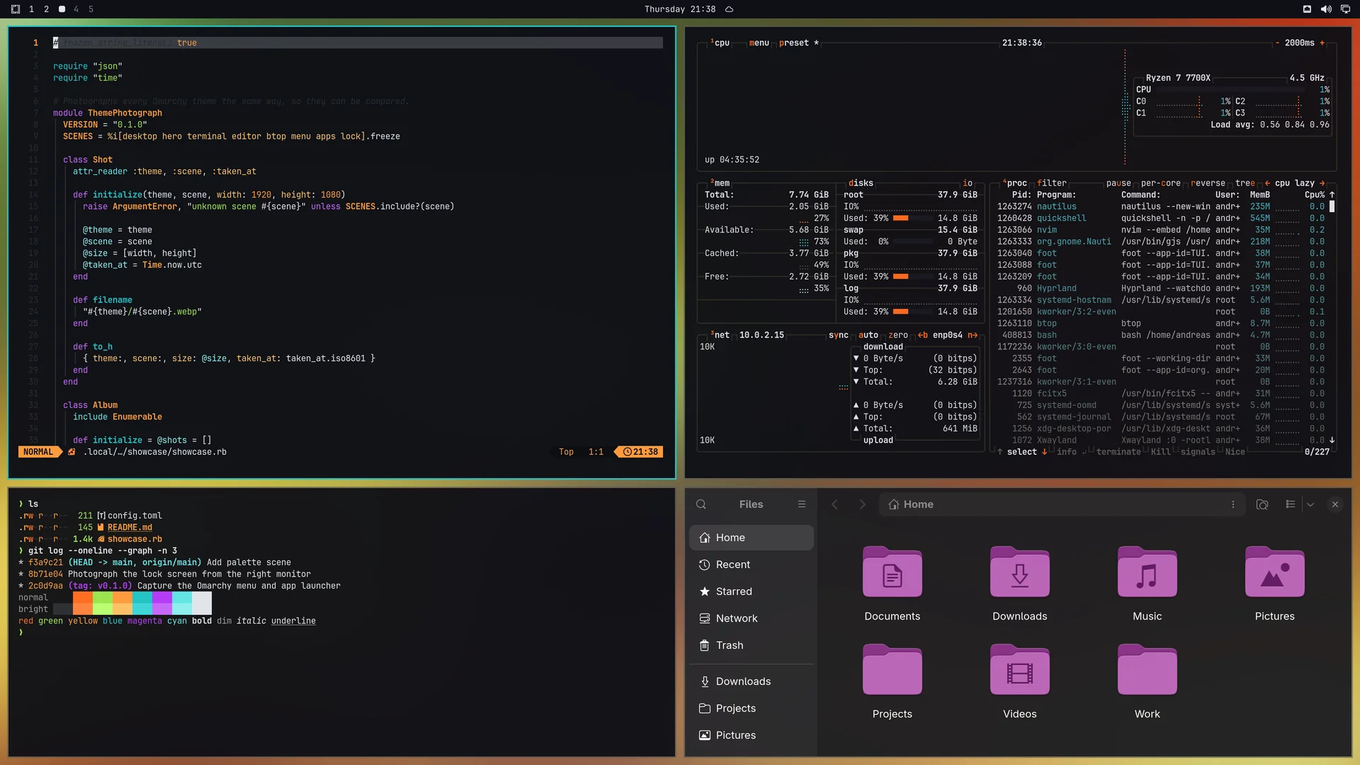 Hydra Pressure: Neovim, terminal, btop and Files