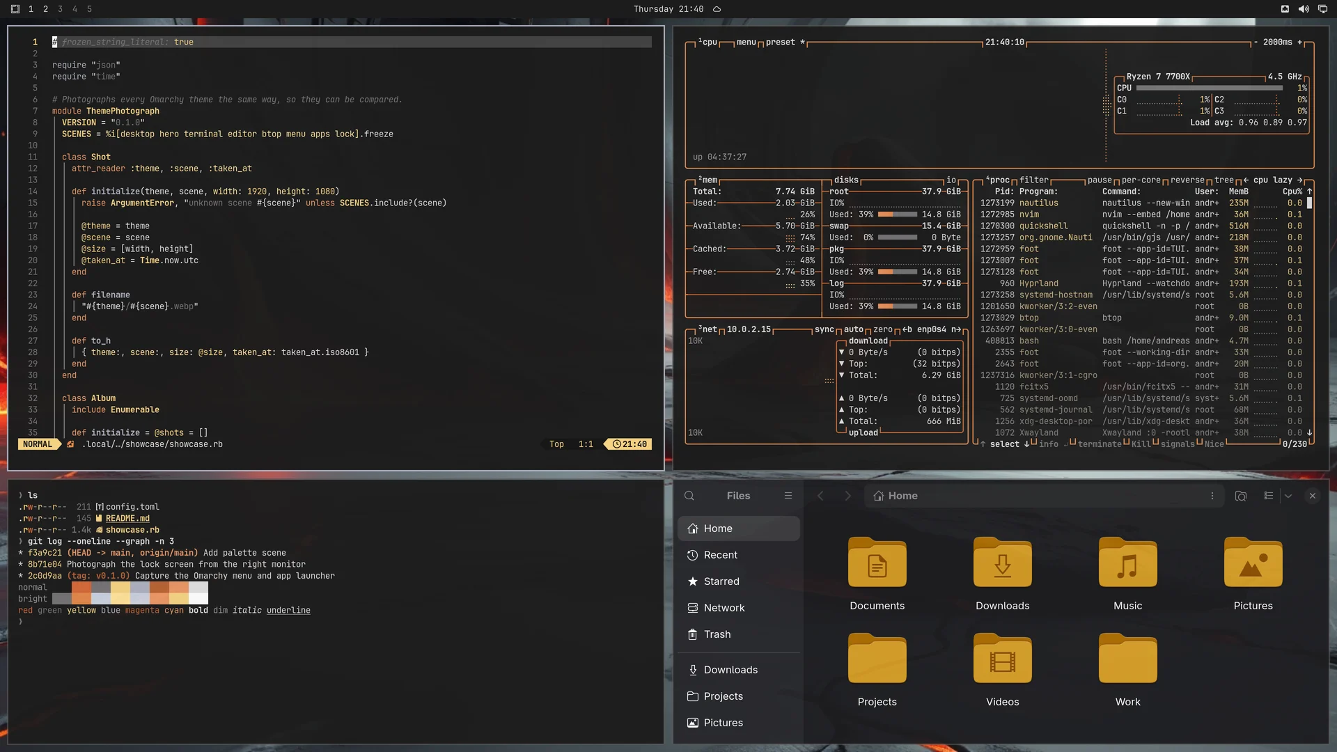 Infernium: Neovim, terminal, btop and Files