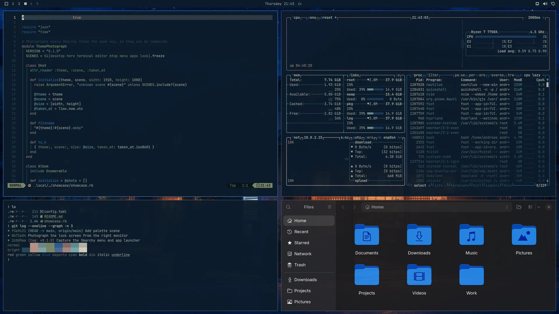 Japan Night: Neovim, terminal, btop and Files