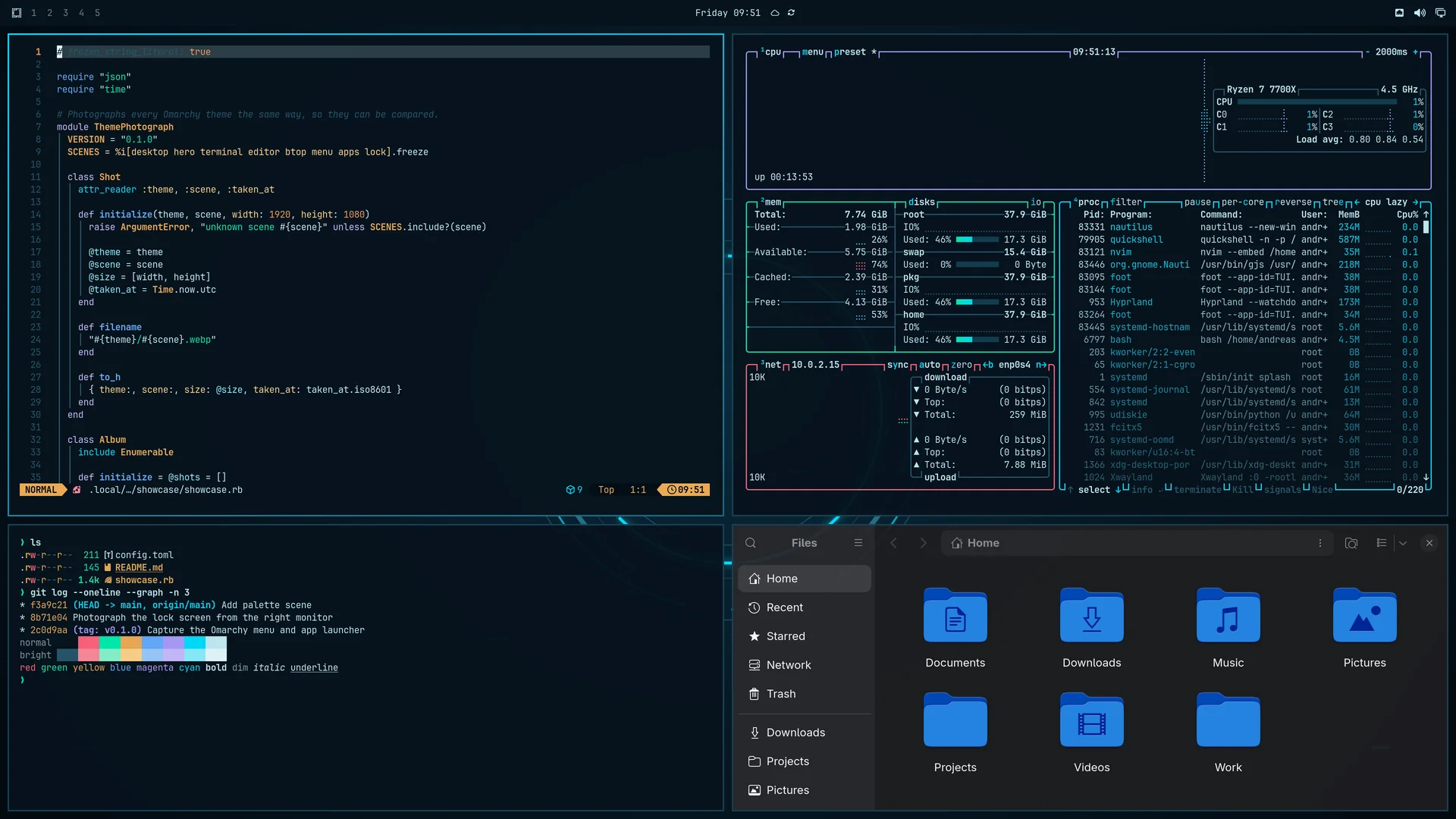 Jarvis: Neovim, terminal, btop and Files