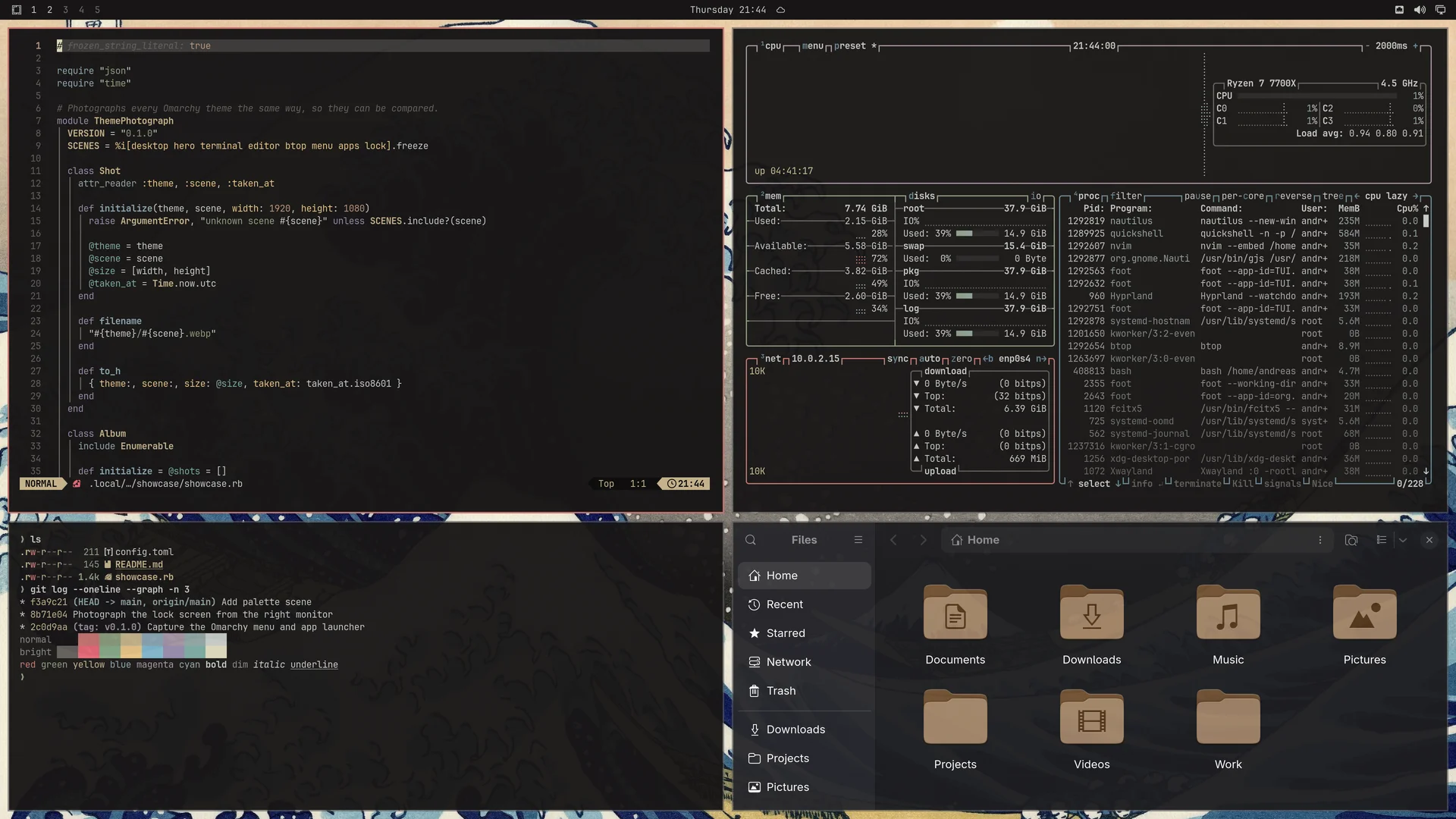 Kanagawa Dragon: Neovim, terminal, btop and Files