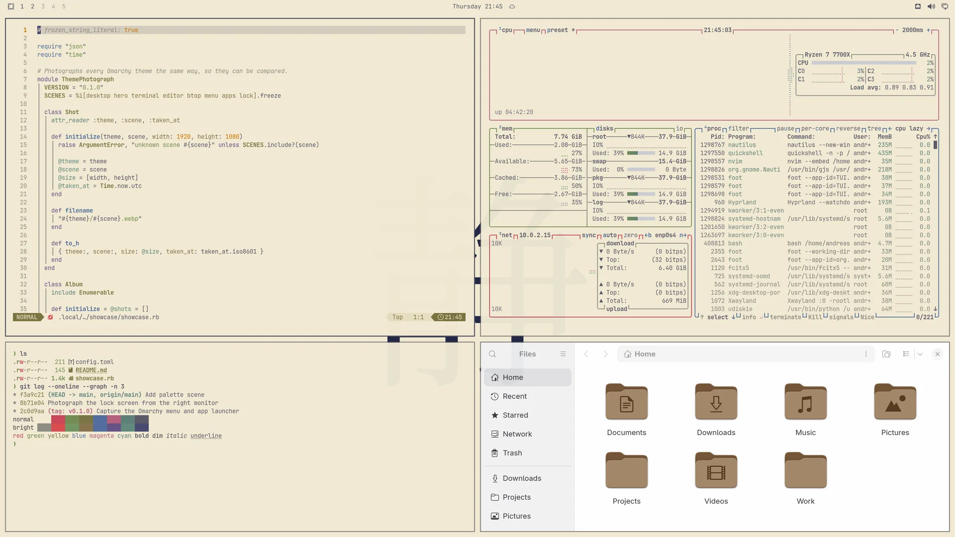 Kanagawa Lotus: Neovim, terminal, btop and Files