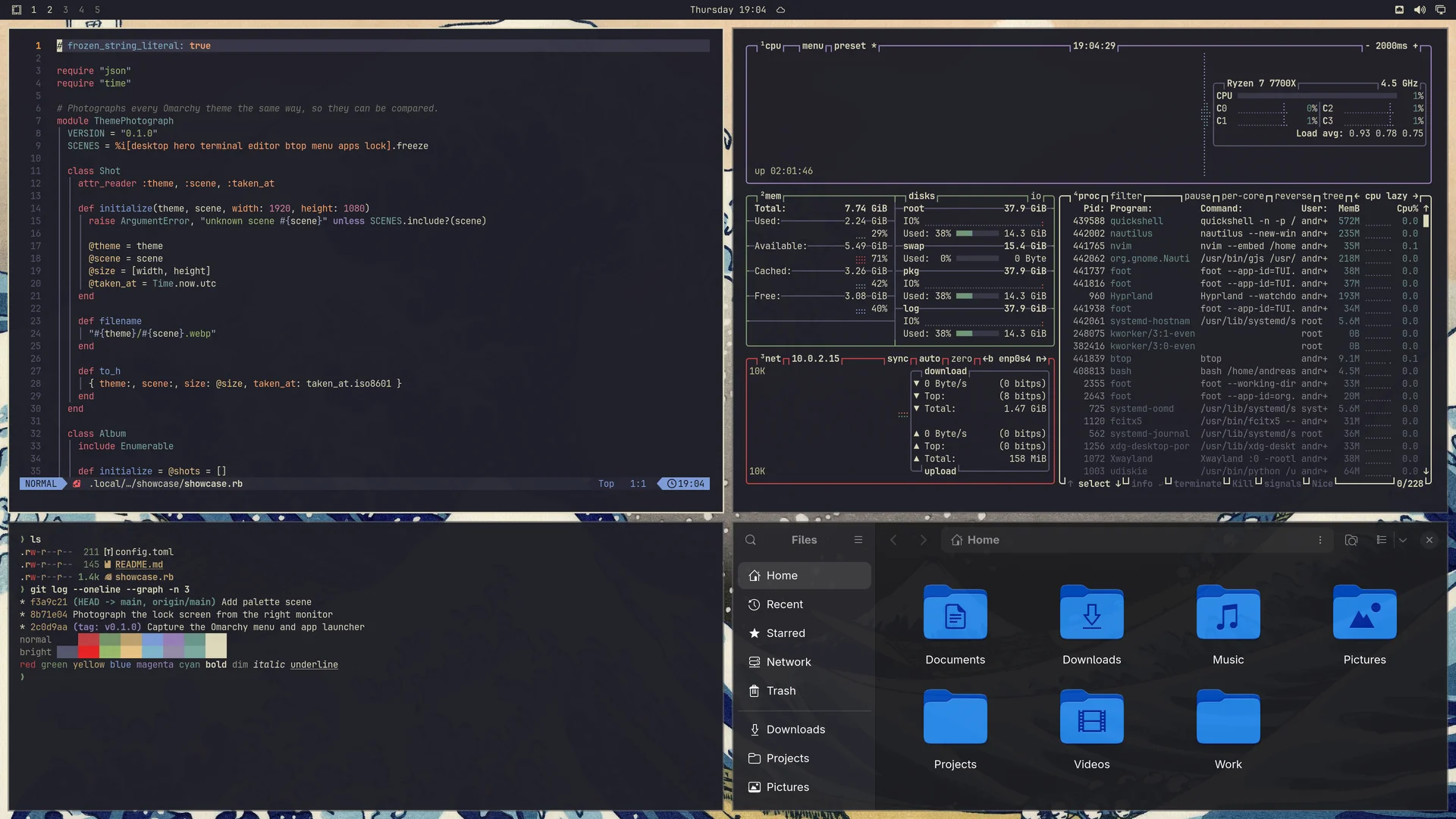 Kanagawa: Neovim, terminal, btop and Files