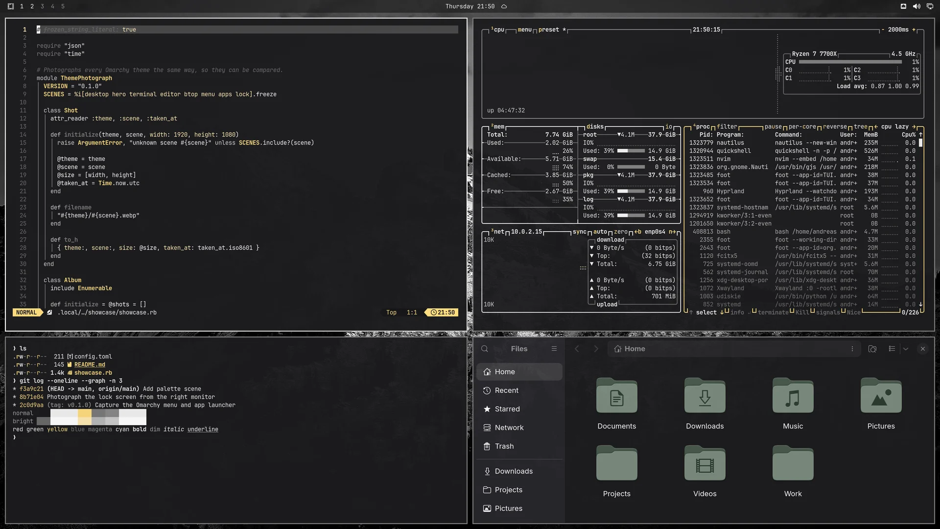 Koyanagi: Neovim, terminal, btop and Files