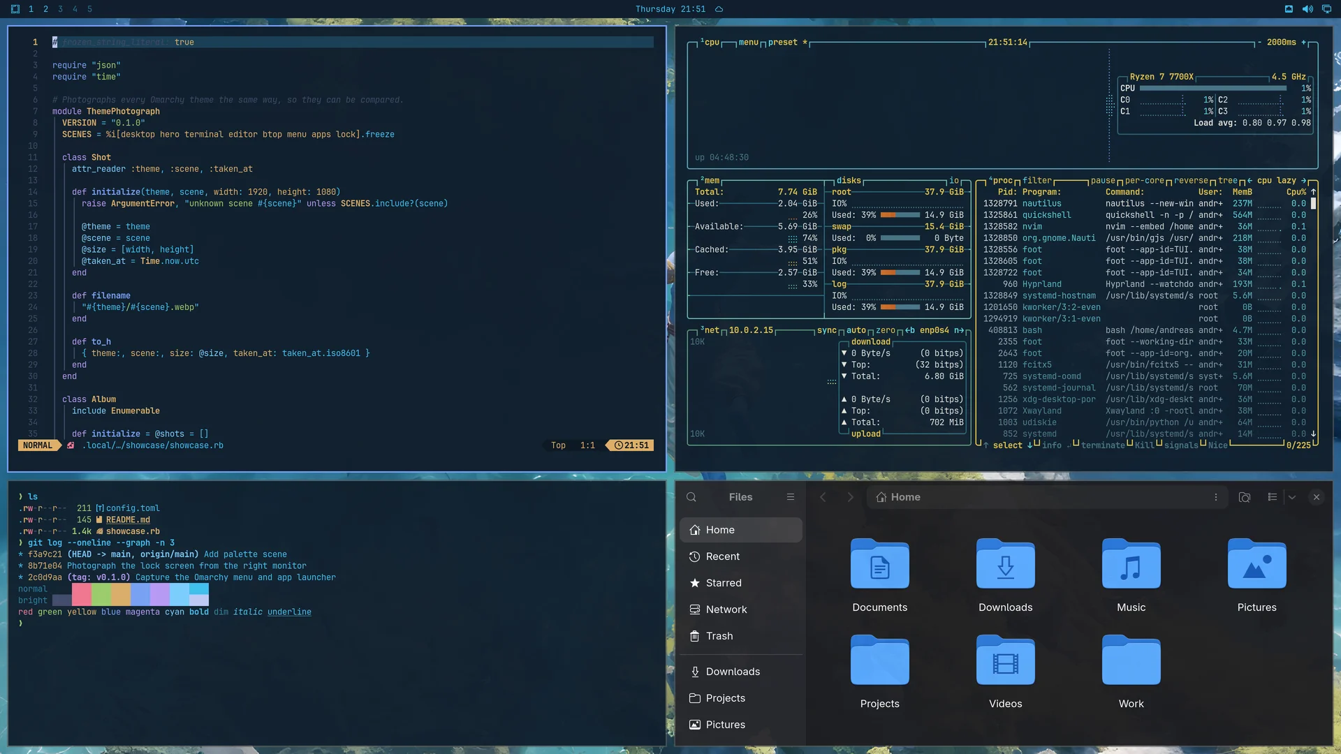 Krishna: Neovim, terminal, btop and Files