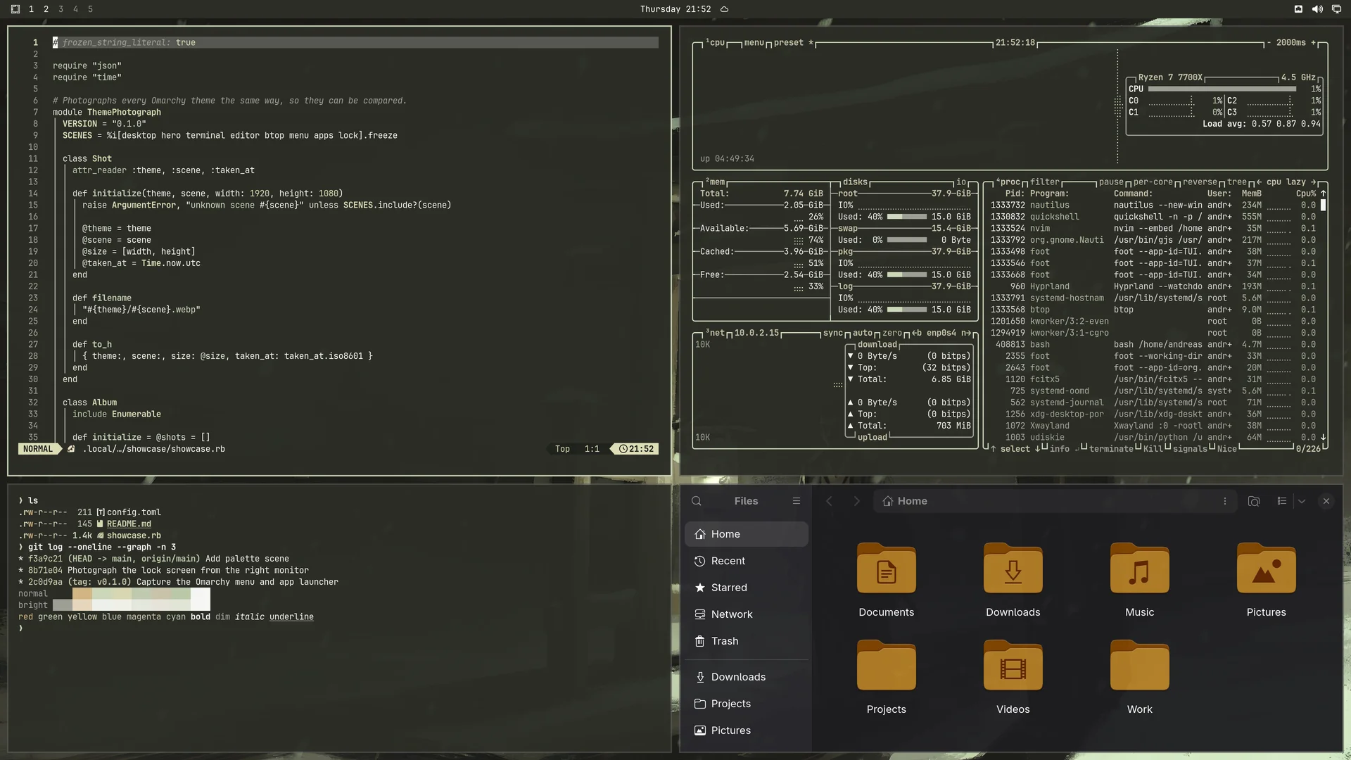 Kurayami: Neovim, terminal, btop and Files