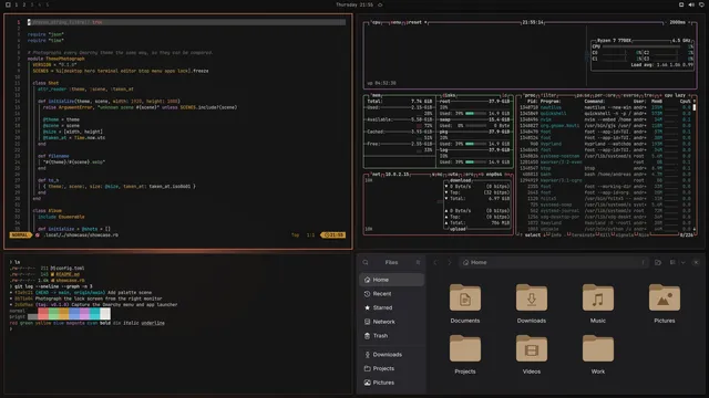 Lamplight: Neovim, terminal, btop and Files