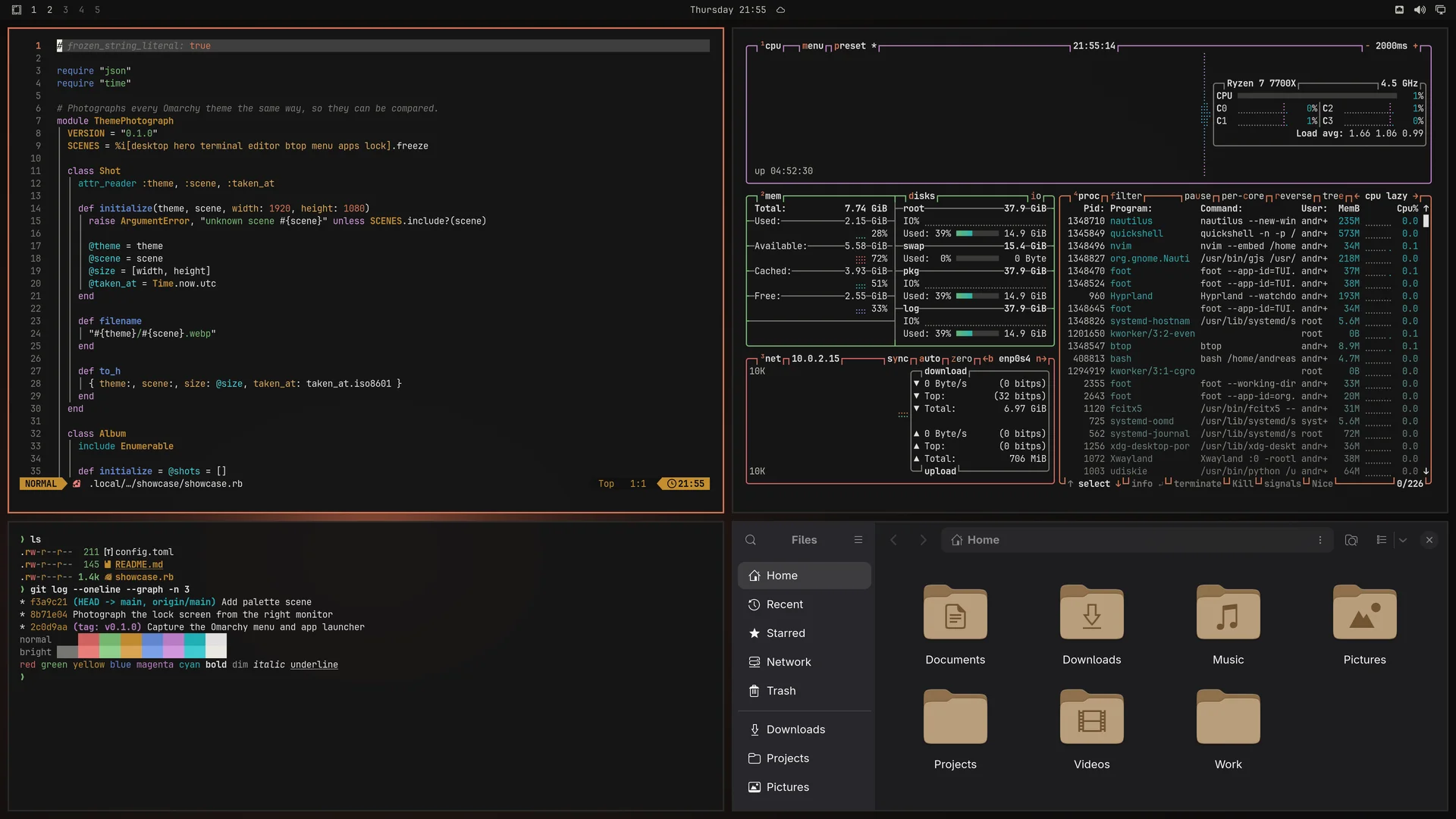 Lamplight: Neovim, terminal, btop and Files