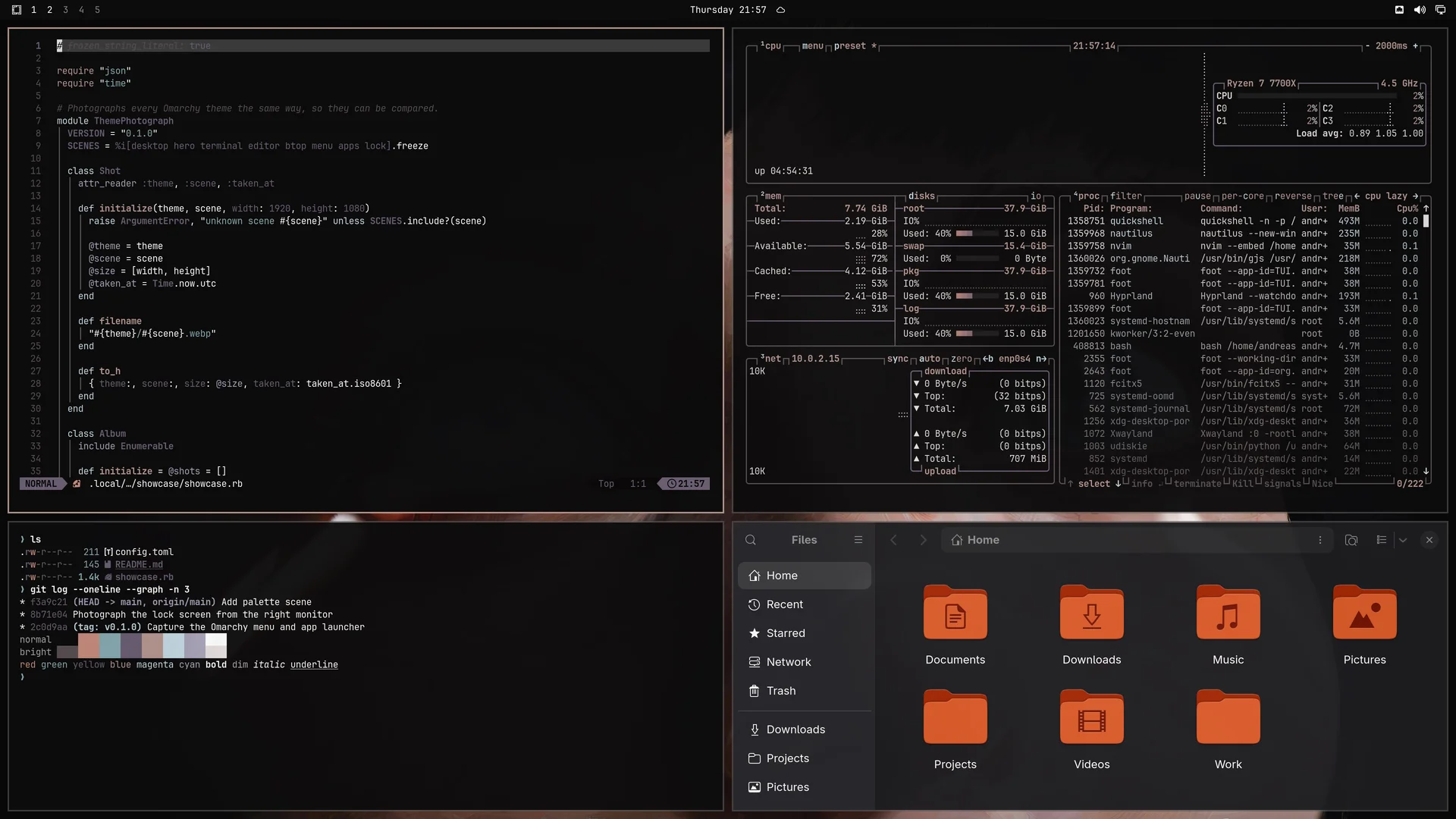 Lasthorizon: Neovim, terminal, btop and Files