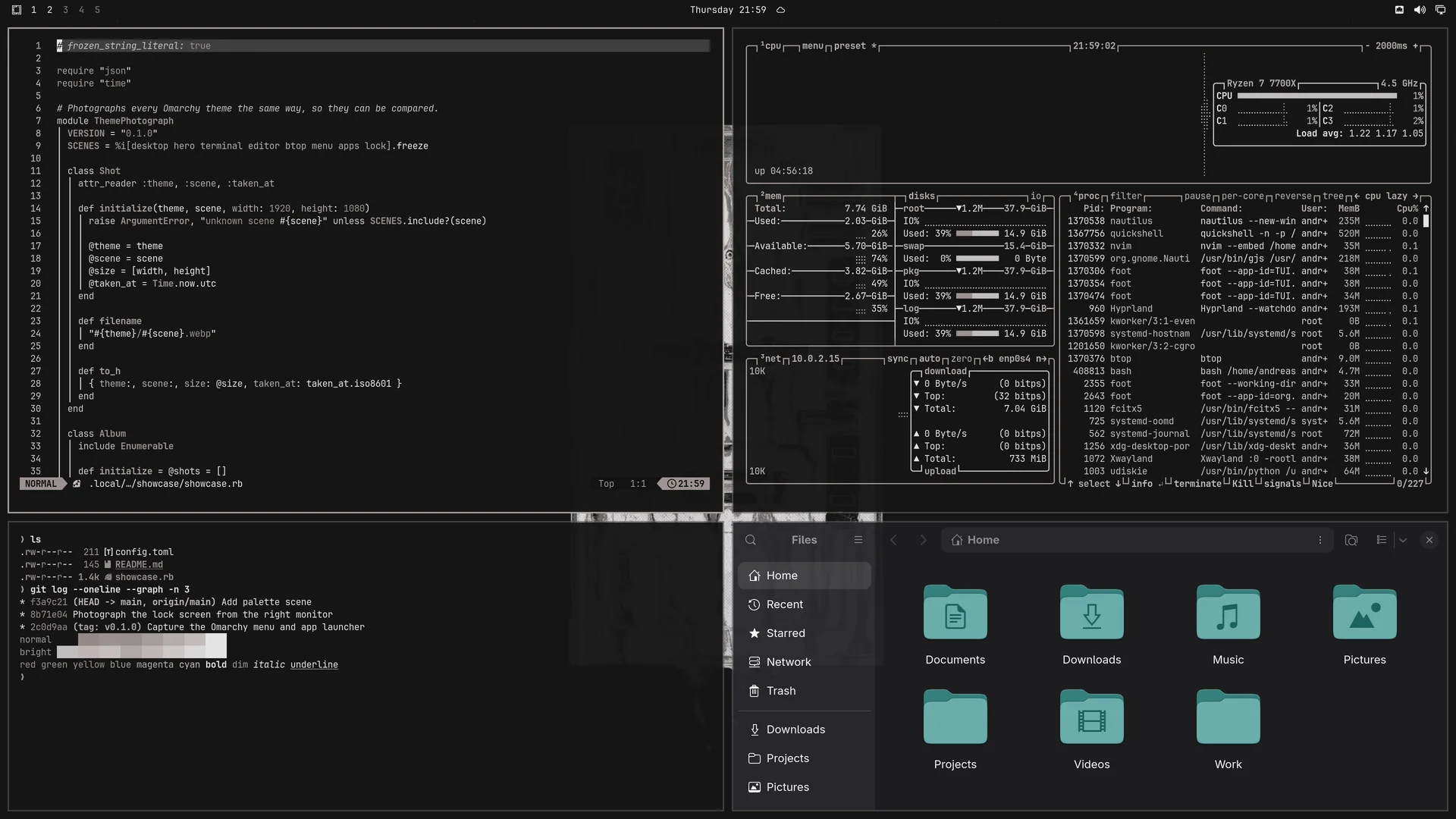 Latchdark: Neovim, terminal, btop and Files