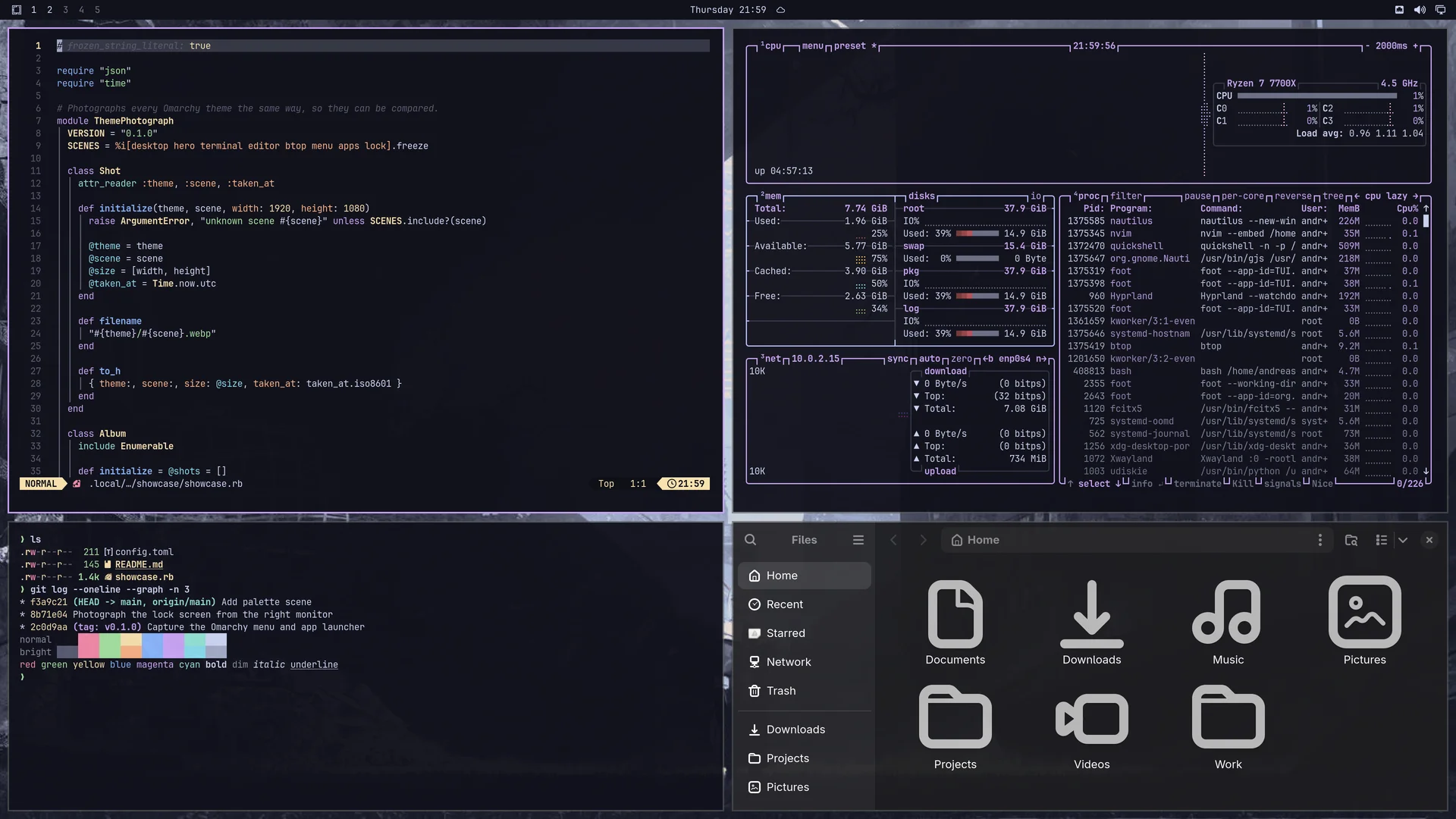 Lavender: Neovim, terminal, btop and Files