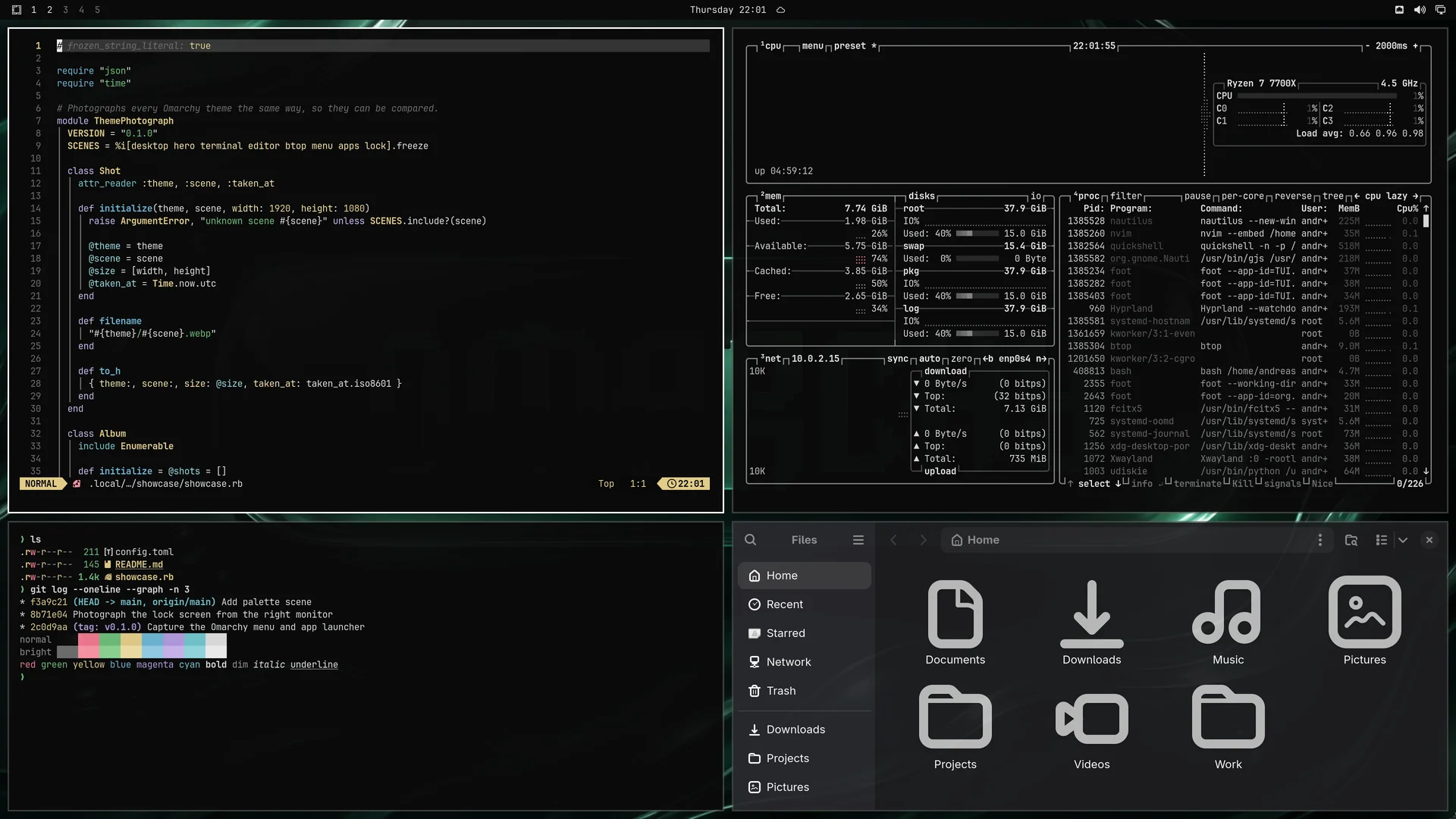 Liquid Glass: Neovim, terminal, btop and Files
