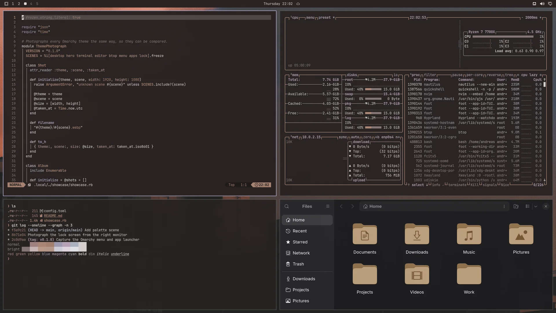 Lowlight: Neovim, terminal, btop and Files