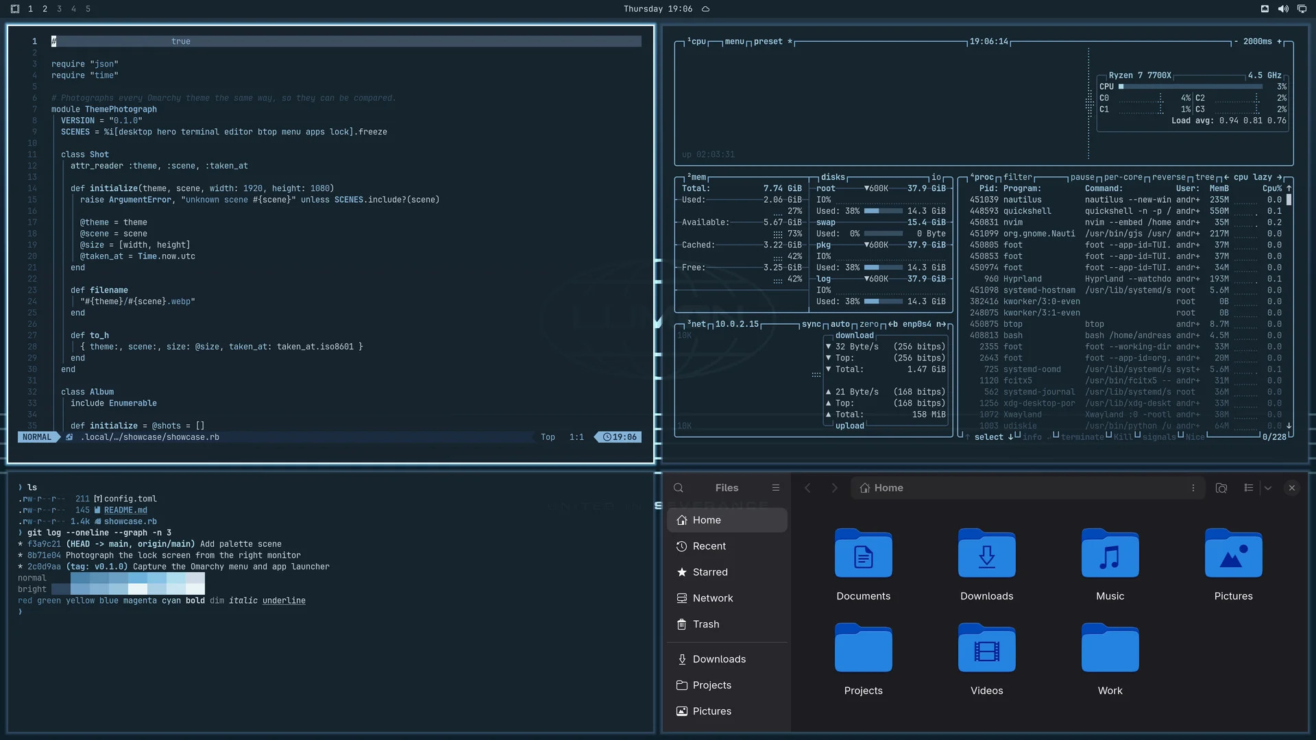 Lumon: Neovim, terminal, btop and Files
