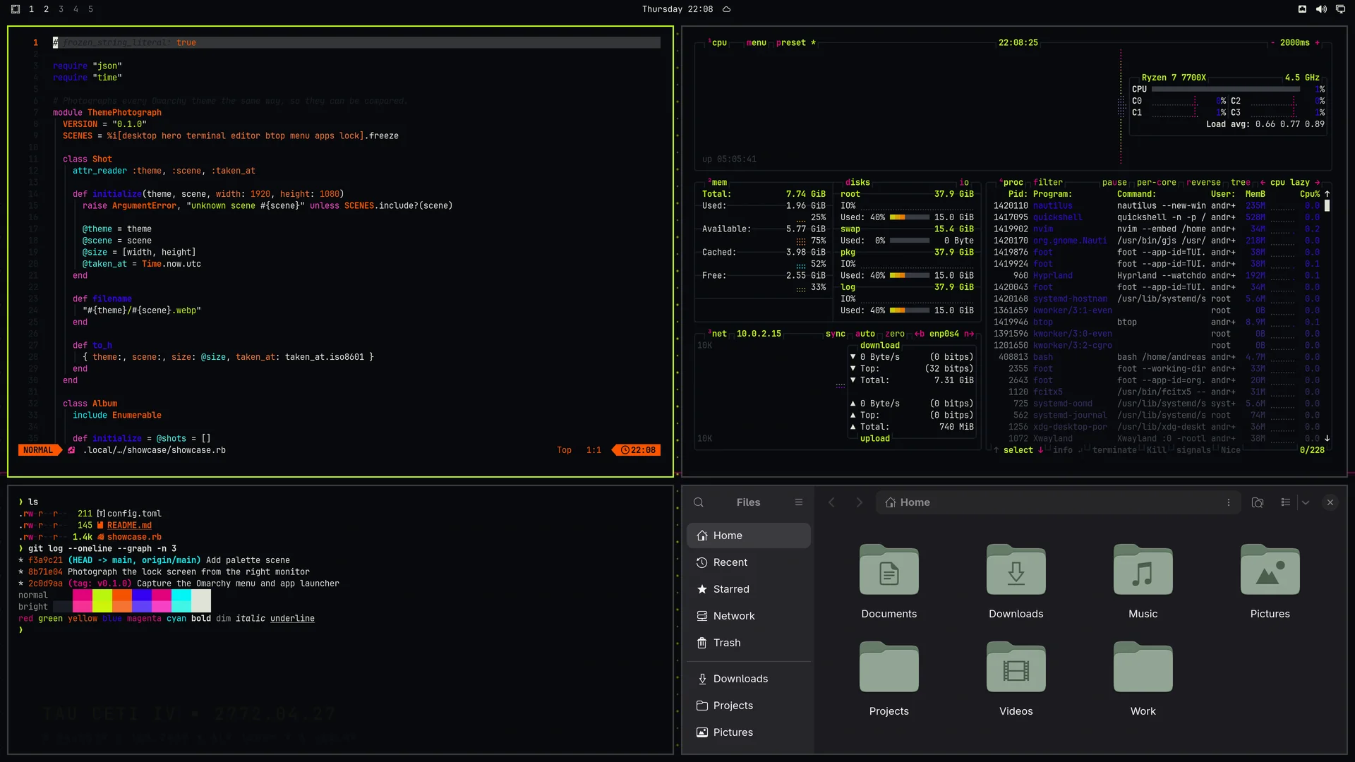 Marathon: Neovim, terminal, btop and Files