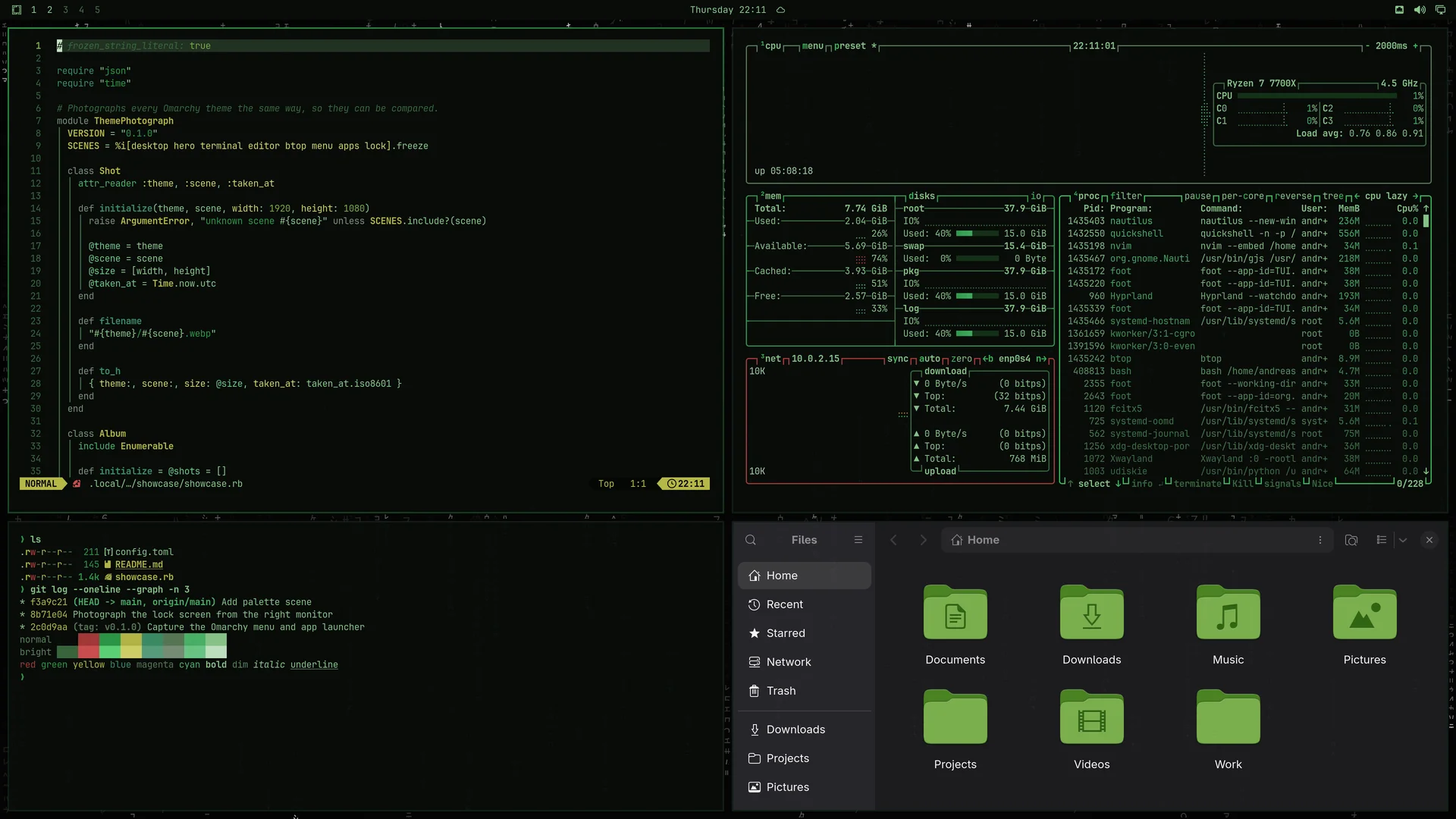 Matrix: Neovim, terminal, btop and Files