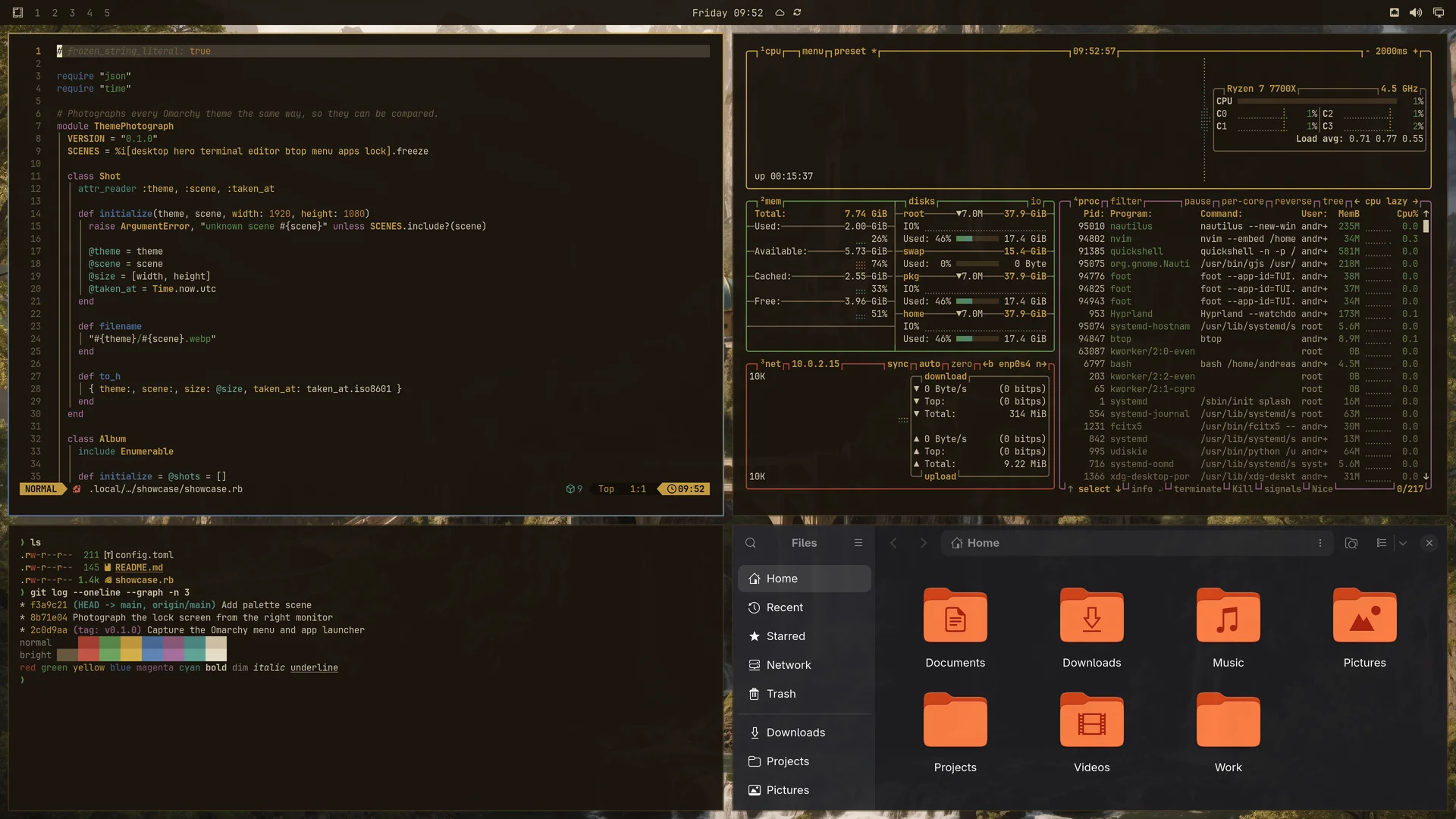 Middle Earth: Neovim, terminal, btop and Files