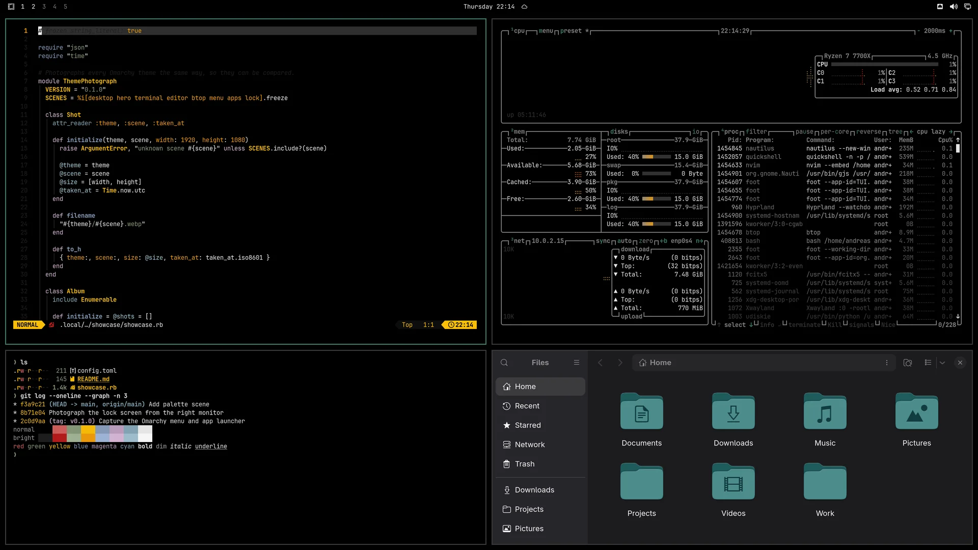 Midnight: Neovim, terminal, btop and Files