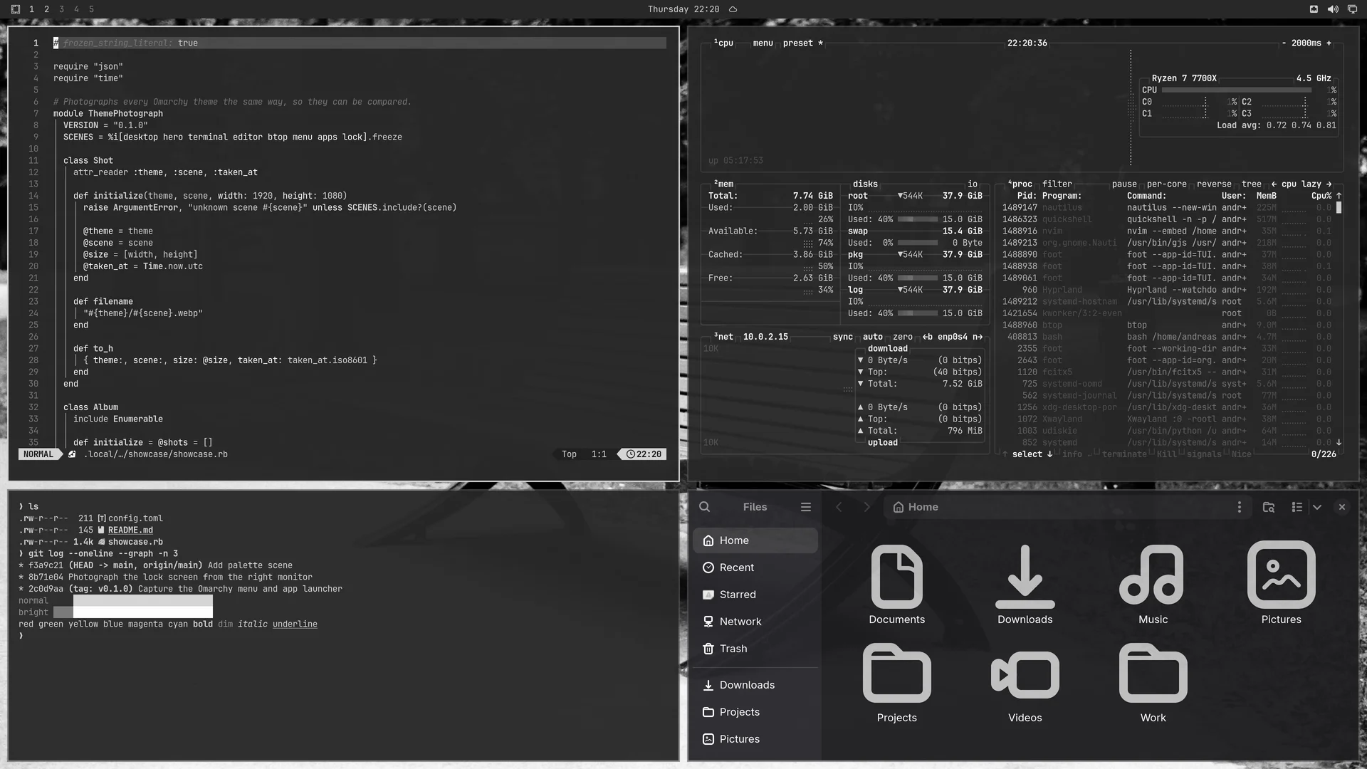 Monochrome: Neovim, terminal, btop and Files
