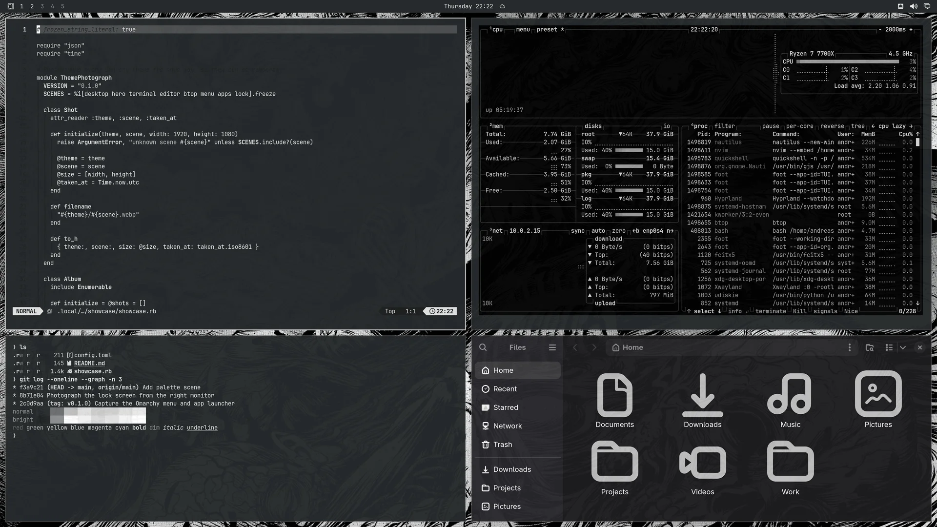 Monolith: Neovim, terminal, btop and Files