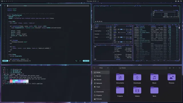 Moodpeak: Neovim, terminal, btop and Files
