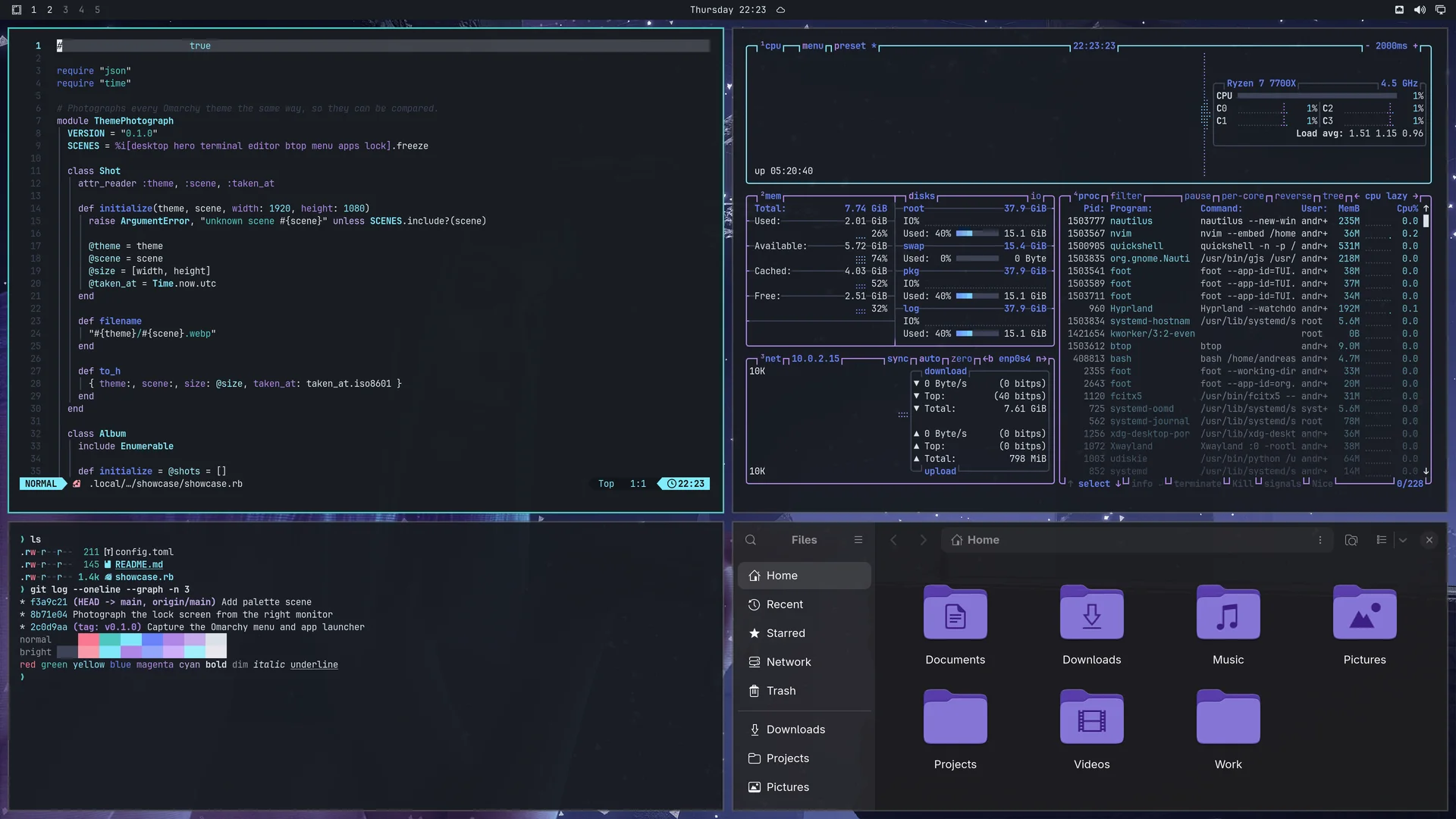 Moodpeak: Neovim, terminal, btop and Files
