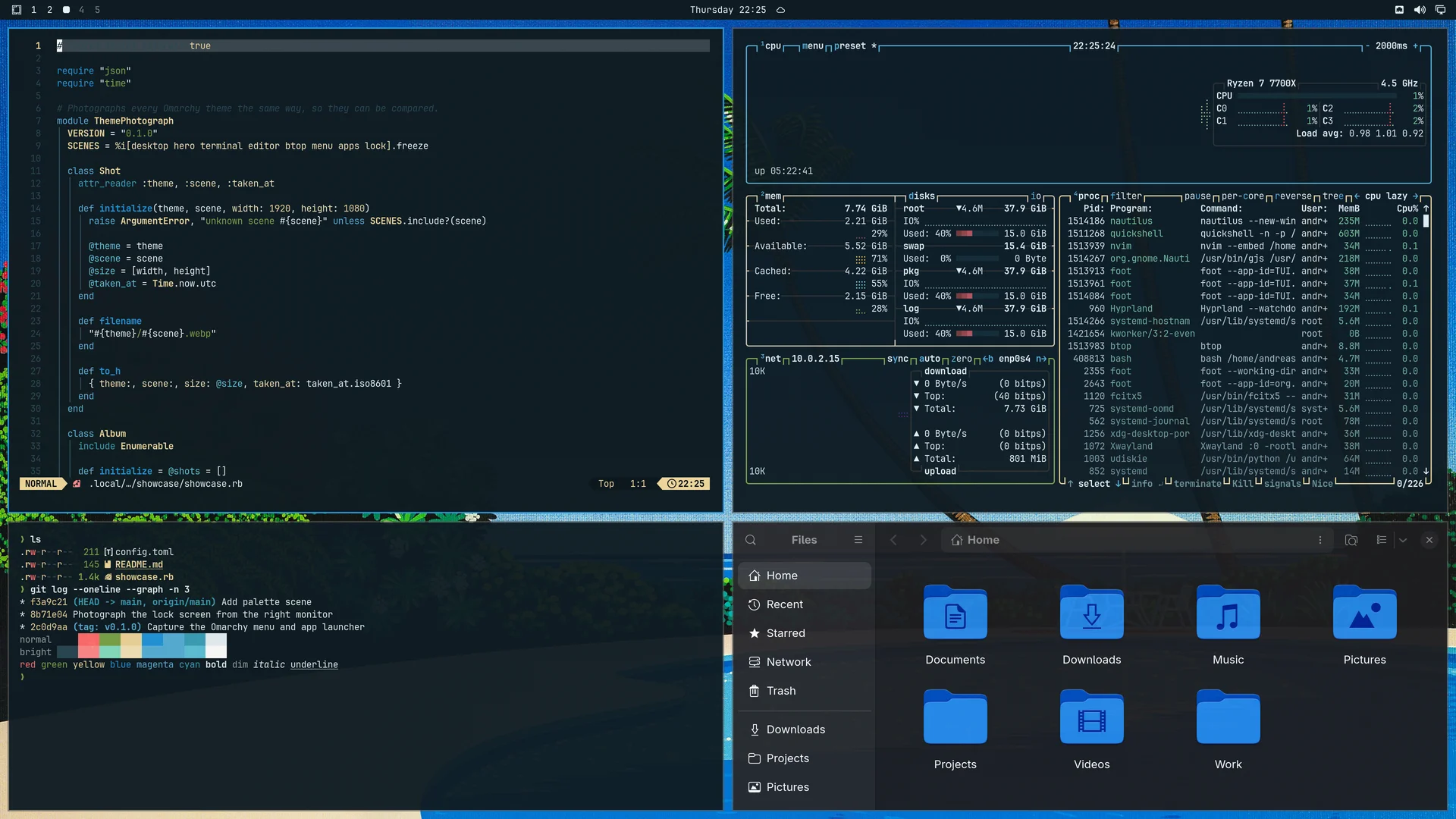 Nagai Poolside: Neovim, terminal, btop and Files
