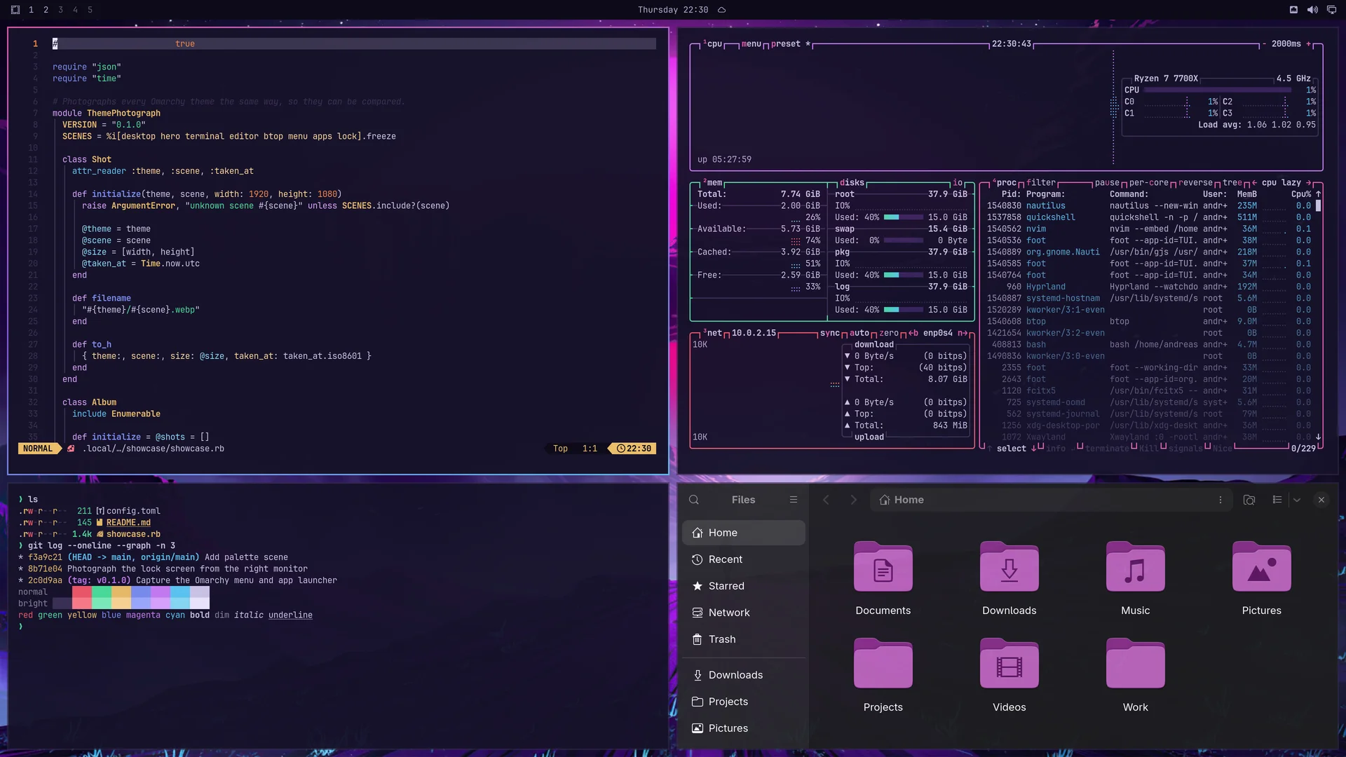 Neon Dusk: Neovim, terminal, btop and Files